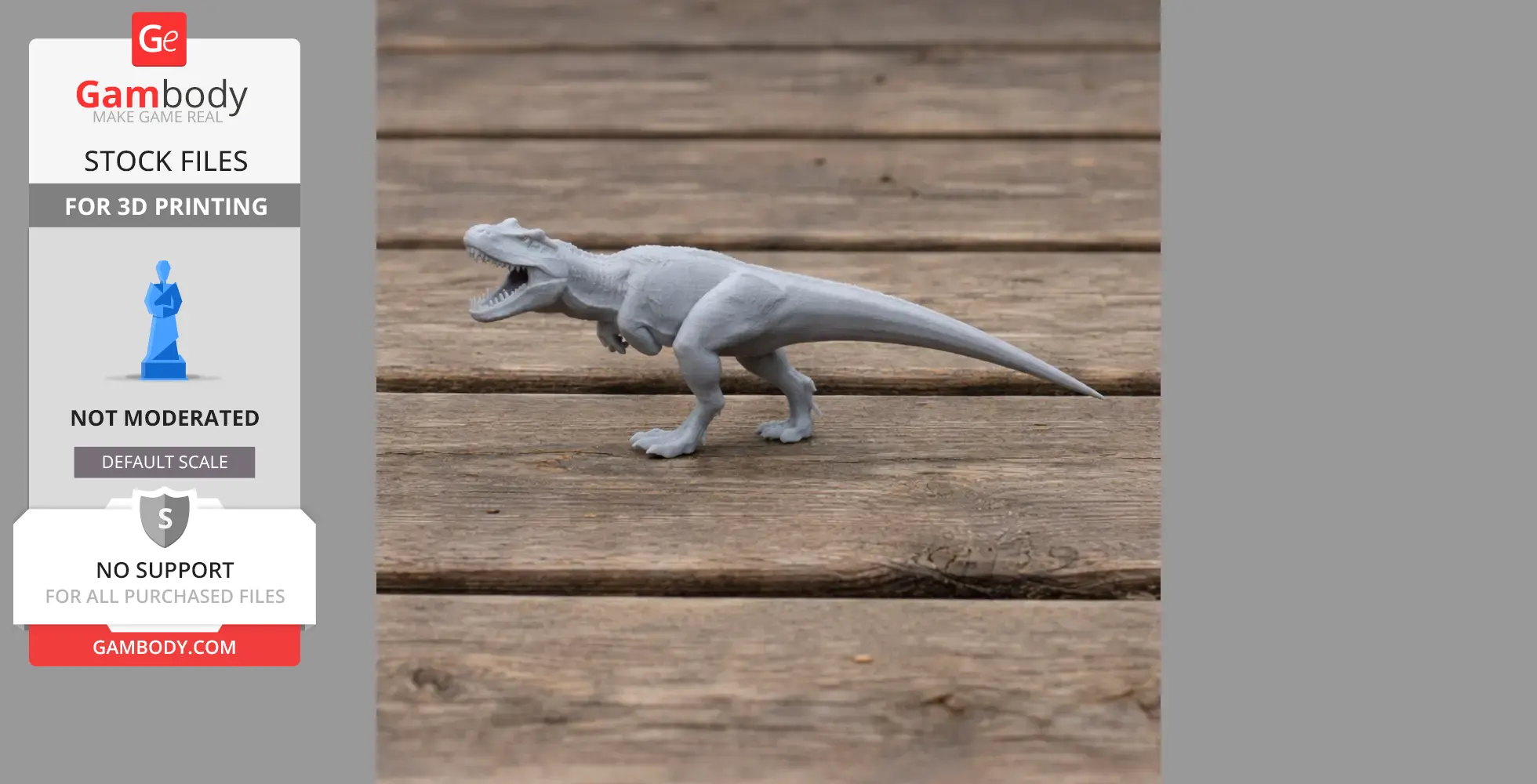 Gray 3D-printed Ceratosaurus model on a wooden surface.
