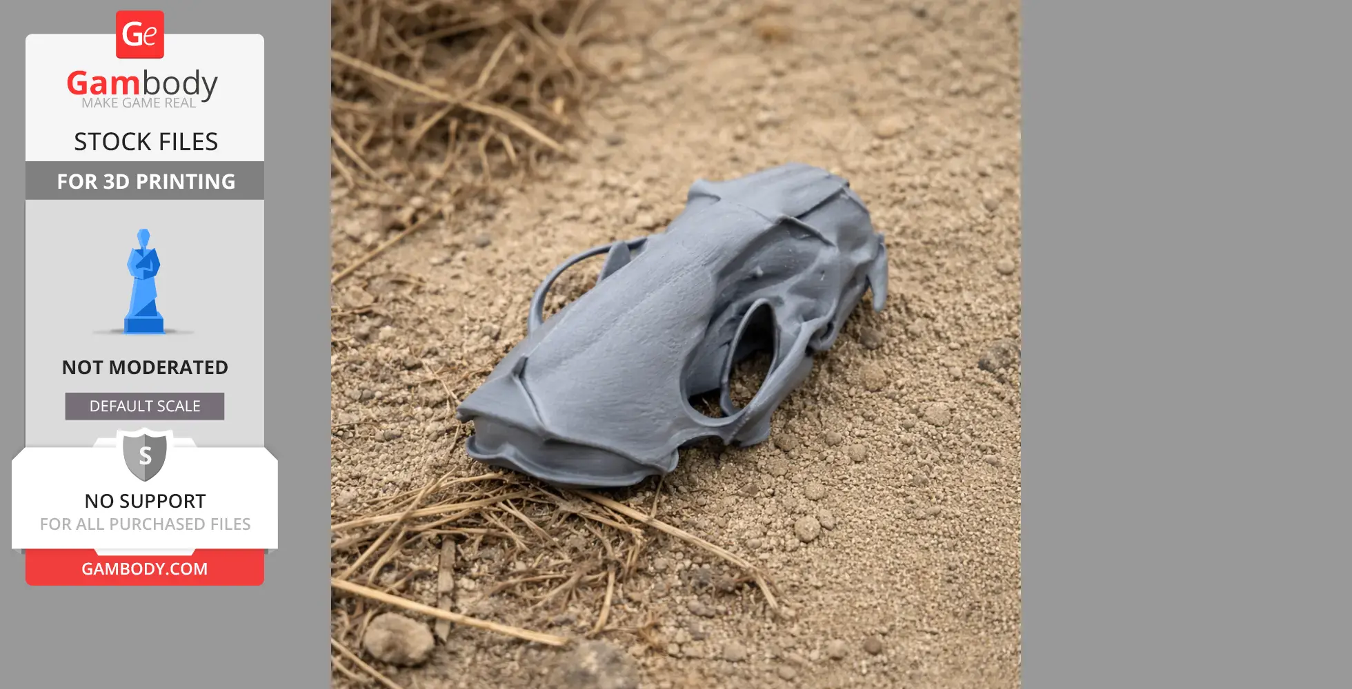 A gray 3D-printed mink skull model resting on sandy ground.
