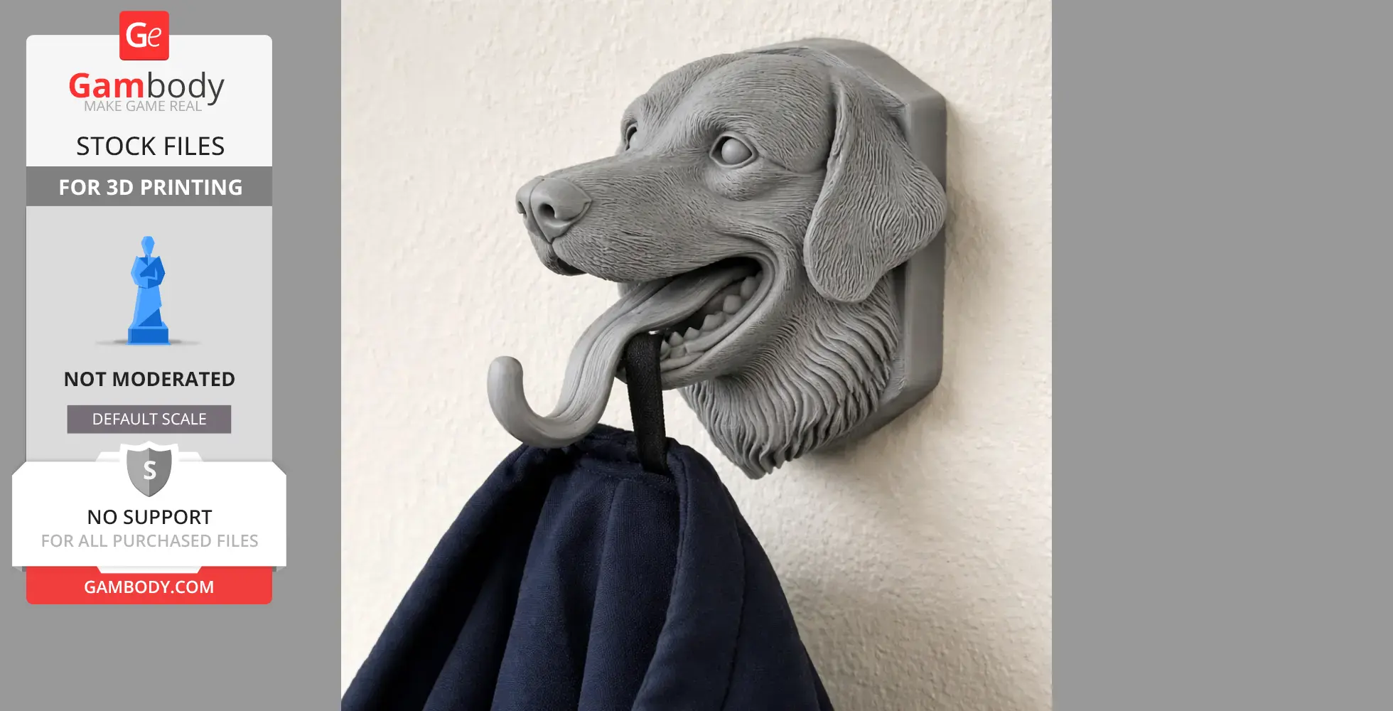 3D printed wall hanger shaped like a dog's head with a hook for hanging coats or keys.
