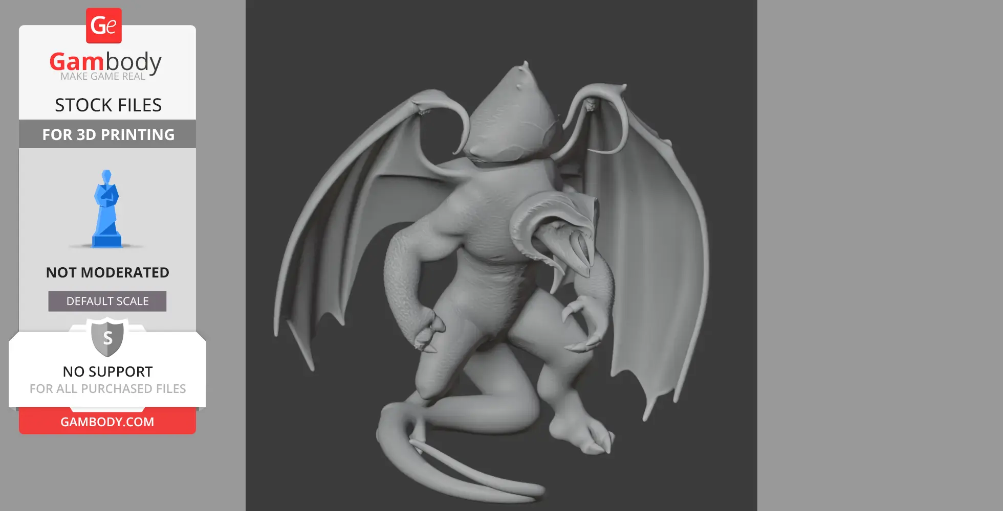 A 3D model of a winged creature with horns and a muscular build, ready for 3D printing.