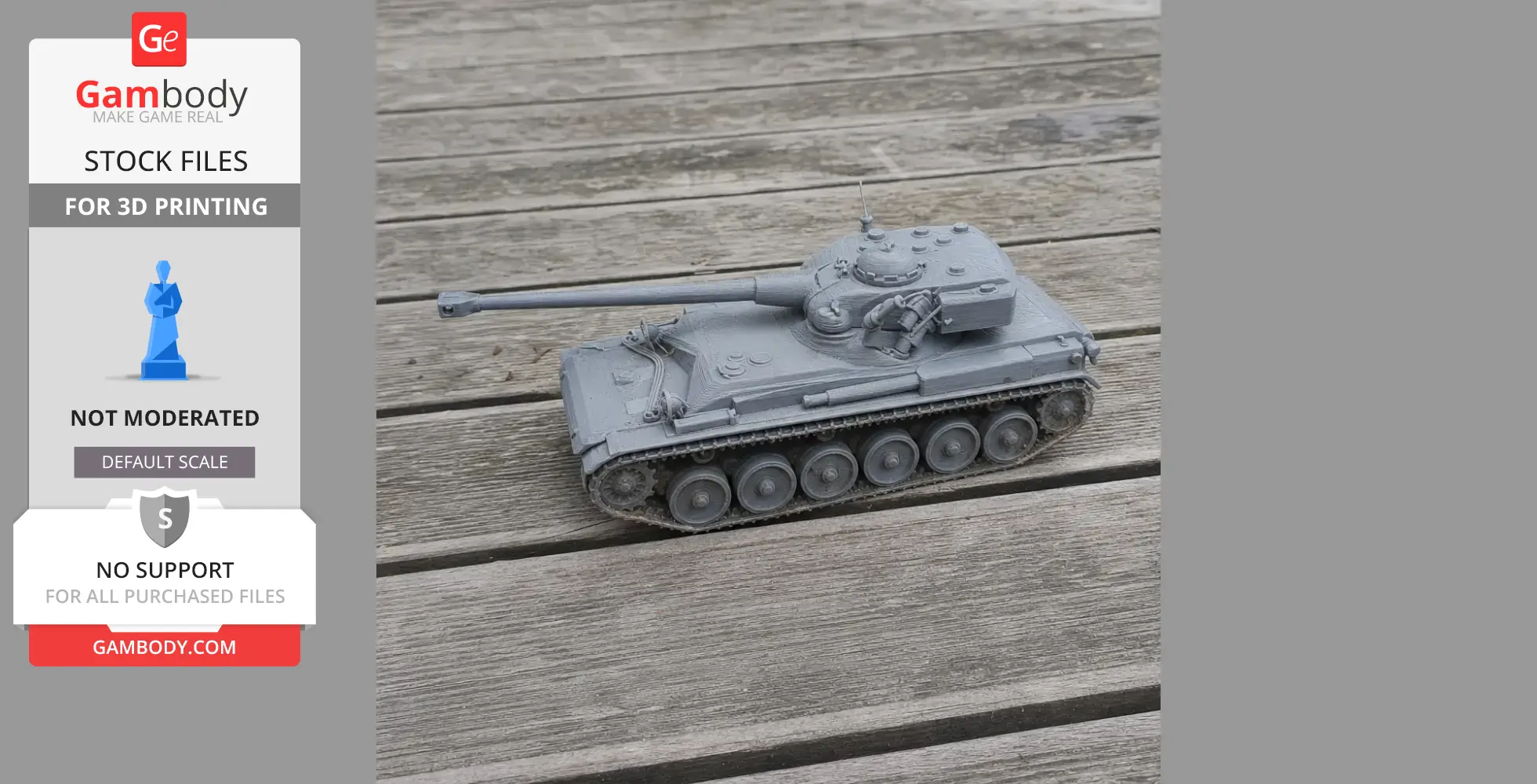 A detailed 3D printed model of an AMX-13 tank on a wooden surface.