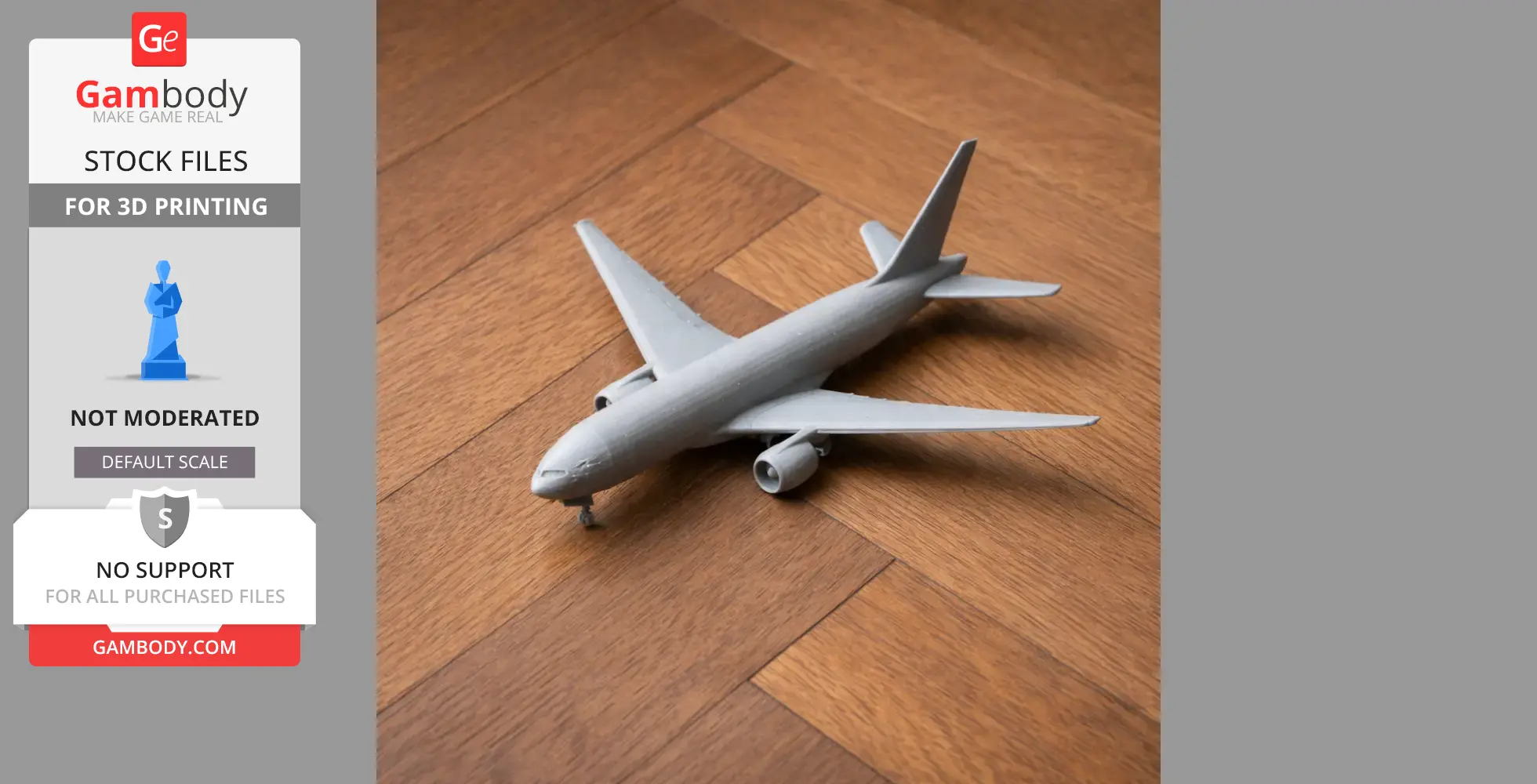 3D printed model of a Boeing 767 airplane placed on a wooden surface.