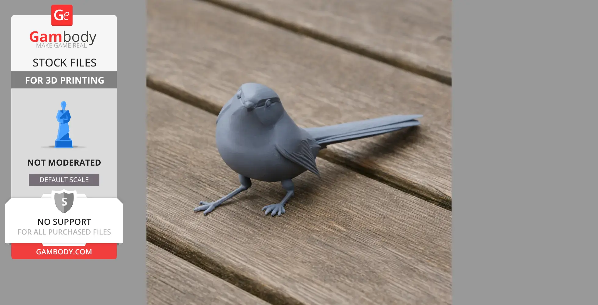 Gray 3D printed Cettia bush warbler bird model on a wooden surface.