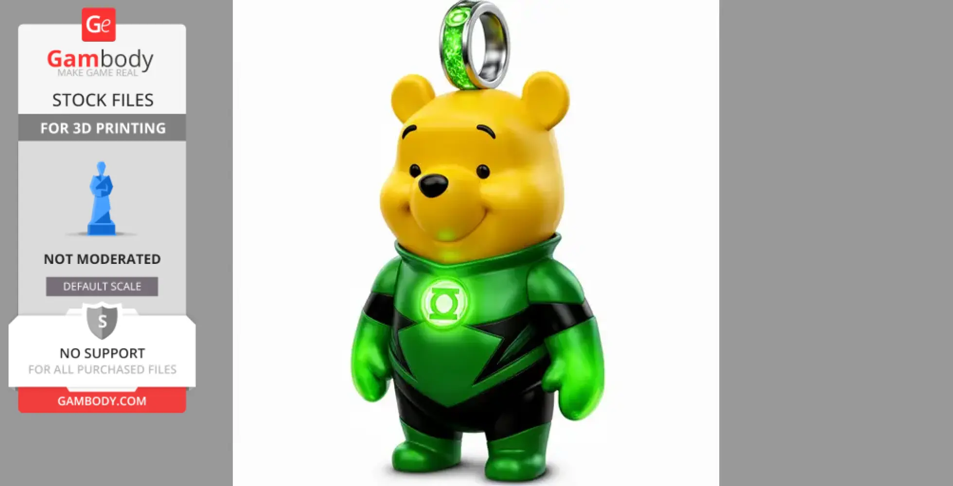 A 3D model of a bear character as Green Lantern, wearing a green suit with a glowing emblem and ring.