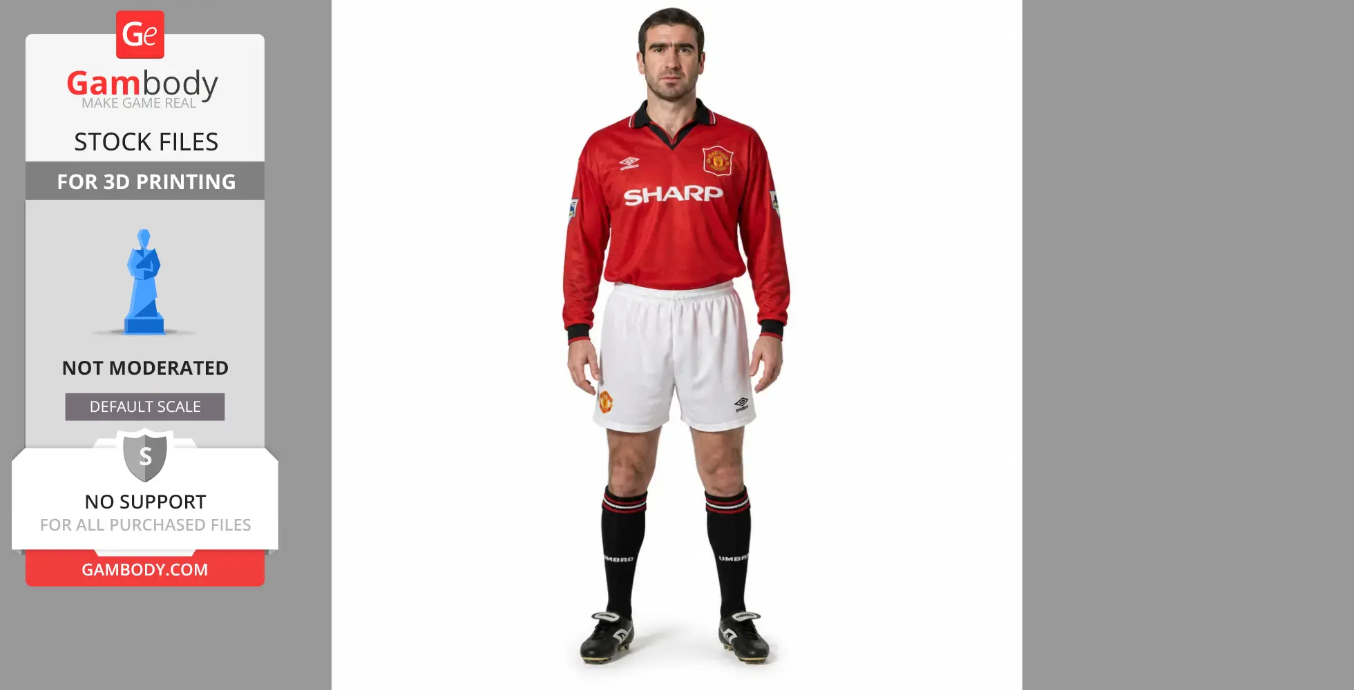A 3D printable STL file of a soccer player in a red jersey and white shorts, standing upright.