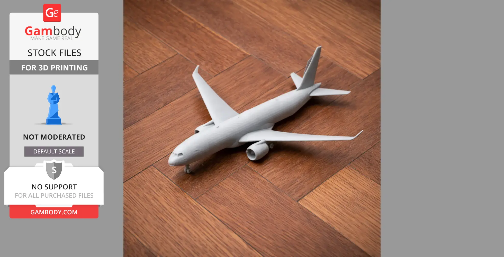 3D printed model of a Boeing 787 on a wooden floor.