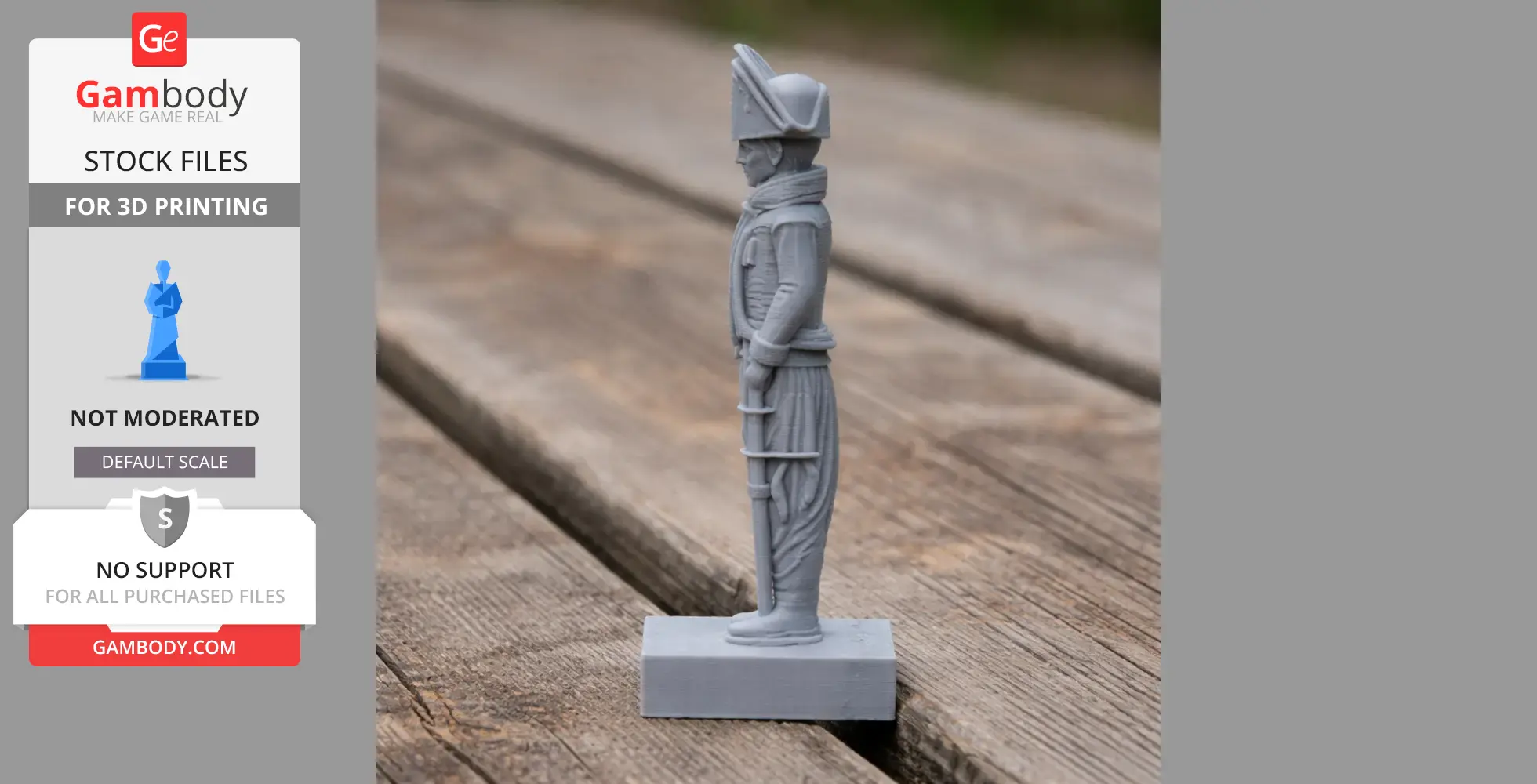 Gray 3D print of a Napoleonic soldier in uniform, standing on a rectangular base.