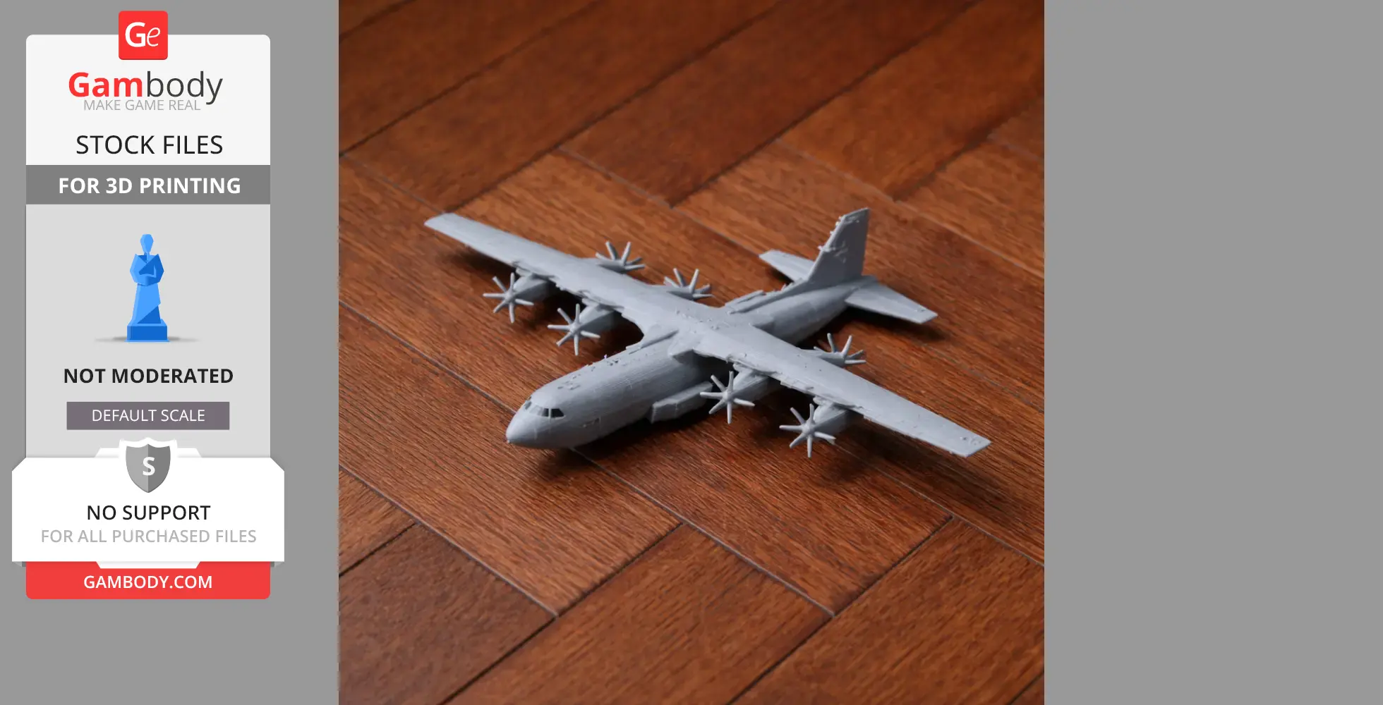 Gray 3D printed model of a Bombardier Dash 8 plane on a wooden floor.