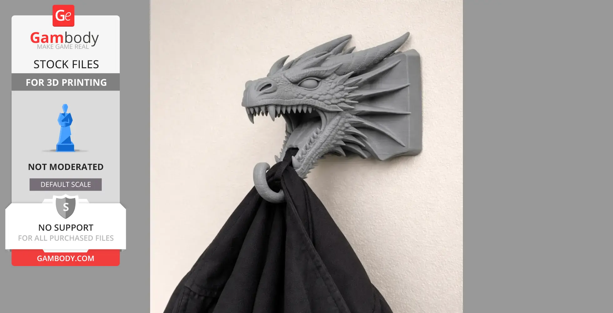 Gray dragon head wall hook holding a black coat.