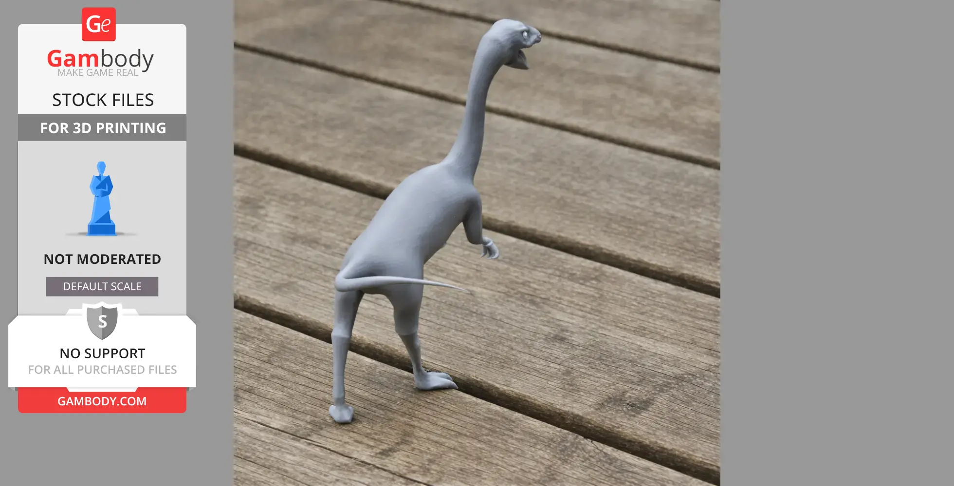 Gray 3D printed Coelophysis model standing on wooden planks.