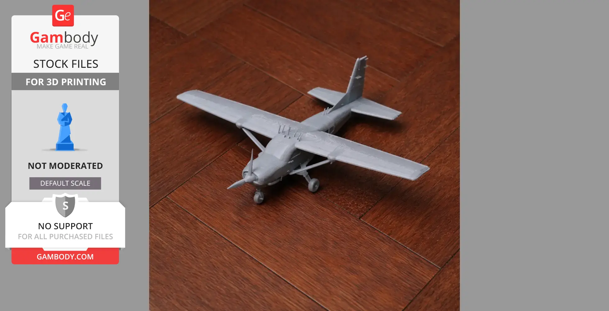 Gray 3D-printed Cessna 208 Caravan model on a wooden floor.