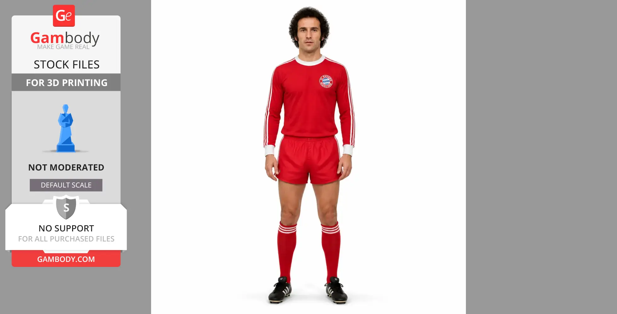 A 3D printable model of a soccer player in a red uniform with white stripes, standing upright.