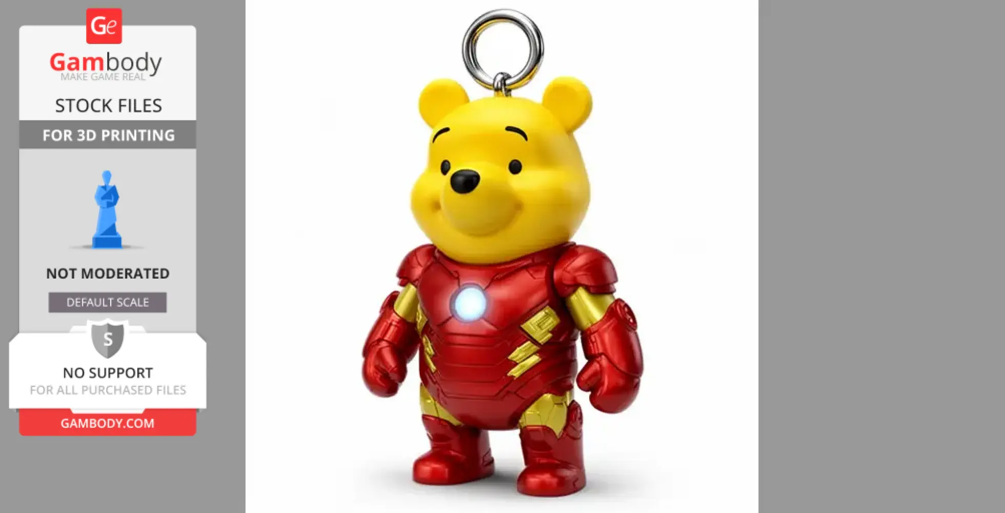 Figure of a bear in a red and gold armored suit with a ring on top. Designed for 3D printing.