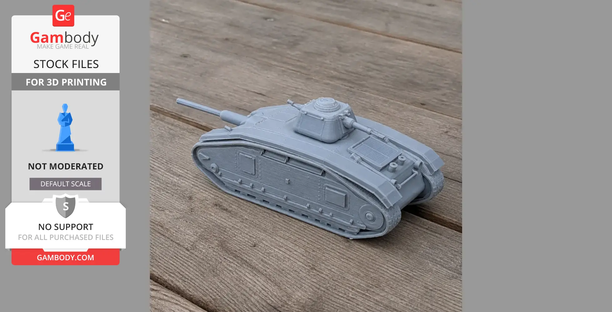 Gray 3D-printed model of an ARL V39 tank on a wooden surface.