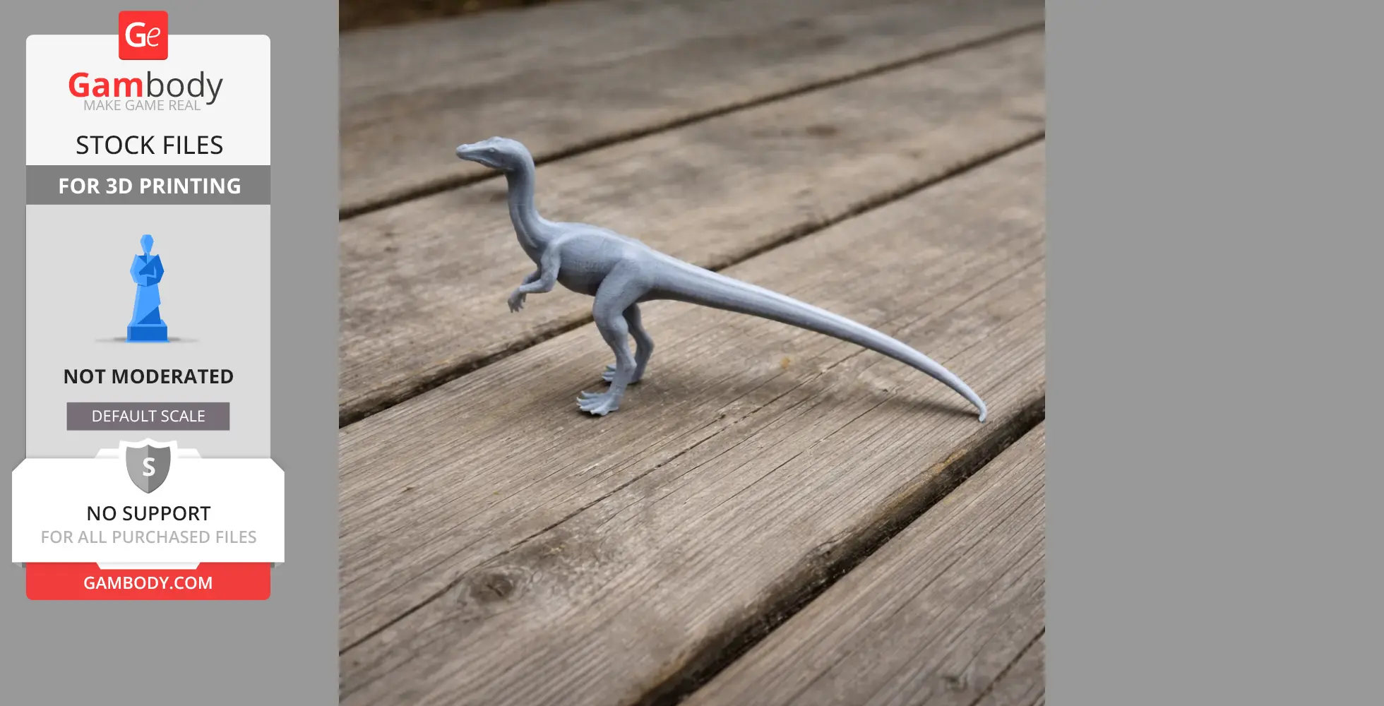A 3D printed model of a Compsognathus dinosaur on a wooden surface.