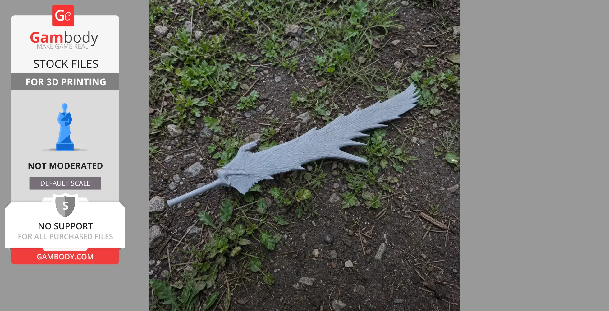A textured, gray 3D-printed sword with a jagged, leaf-like design lying on the ground.