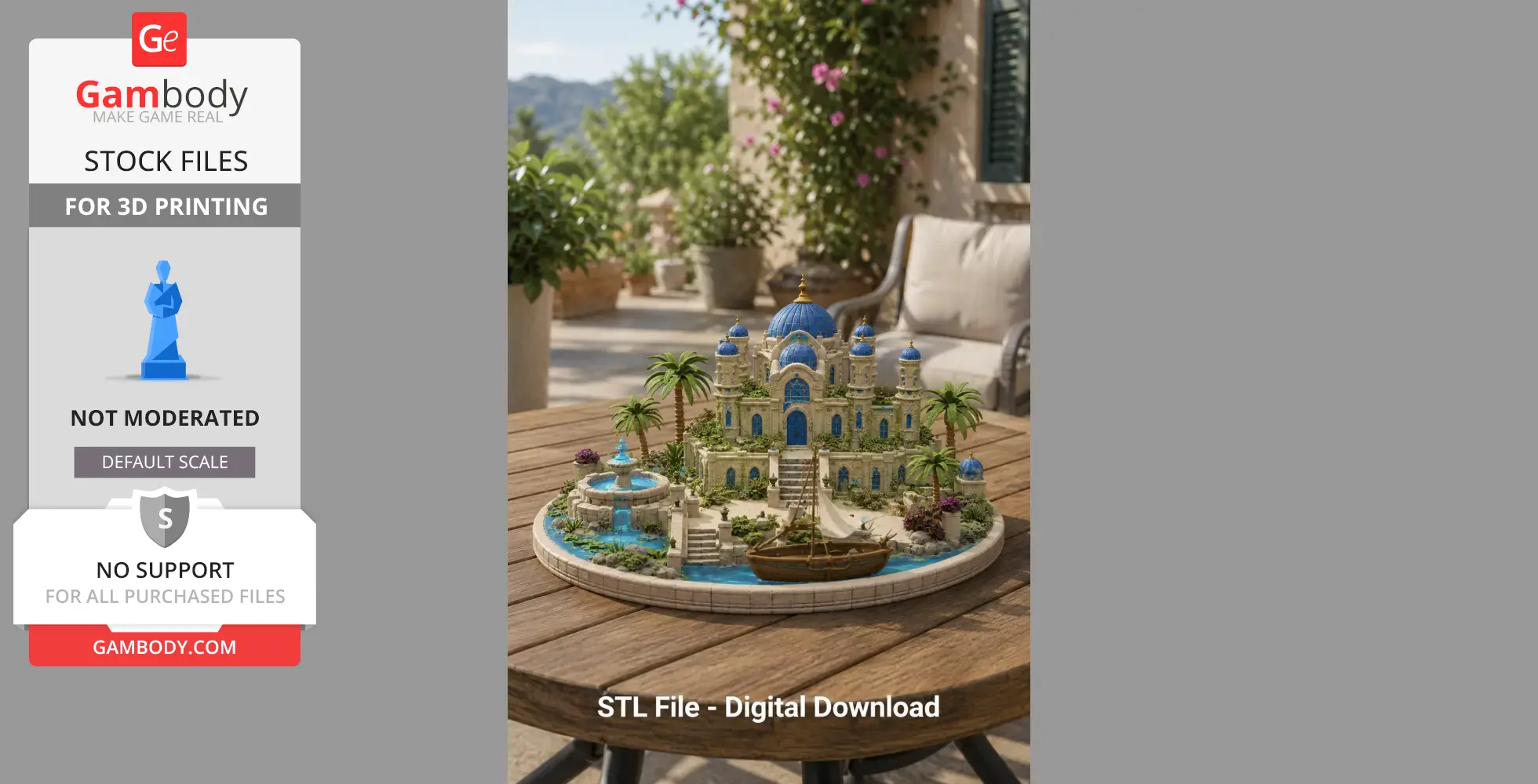 A detailed 3D model of a palace with blue domes, palm trees, and a small boat on a round base.