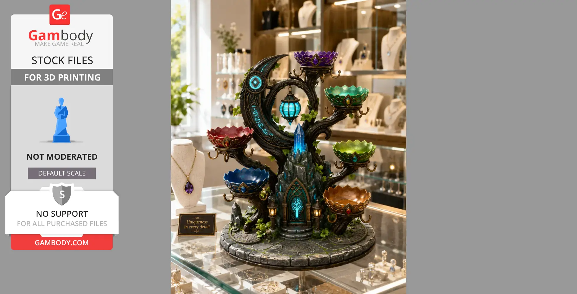 Mystic shrine with a crescent moon, colorful crystal bowls, and intricate detailing on a display stand.