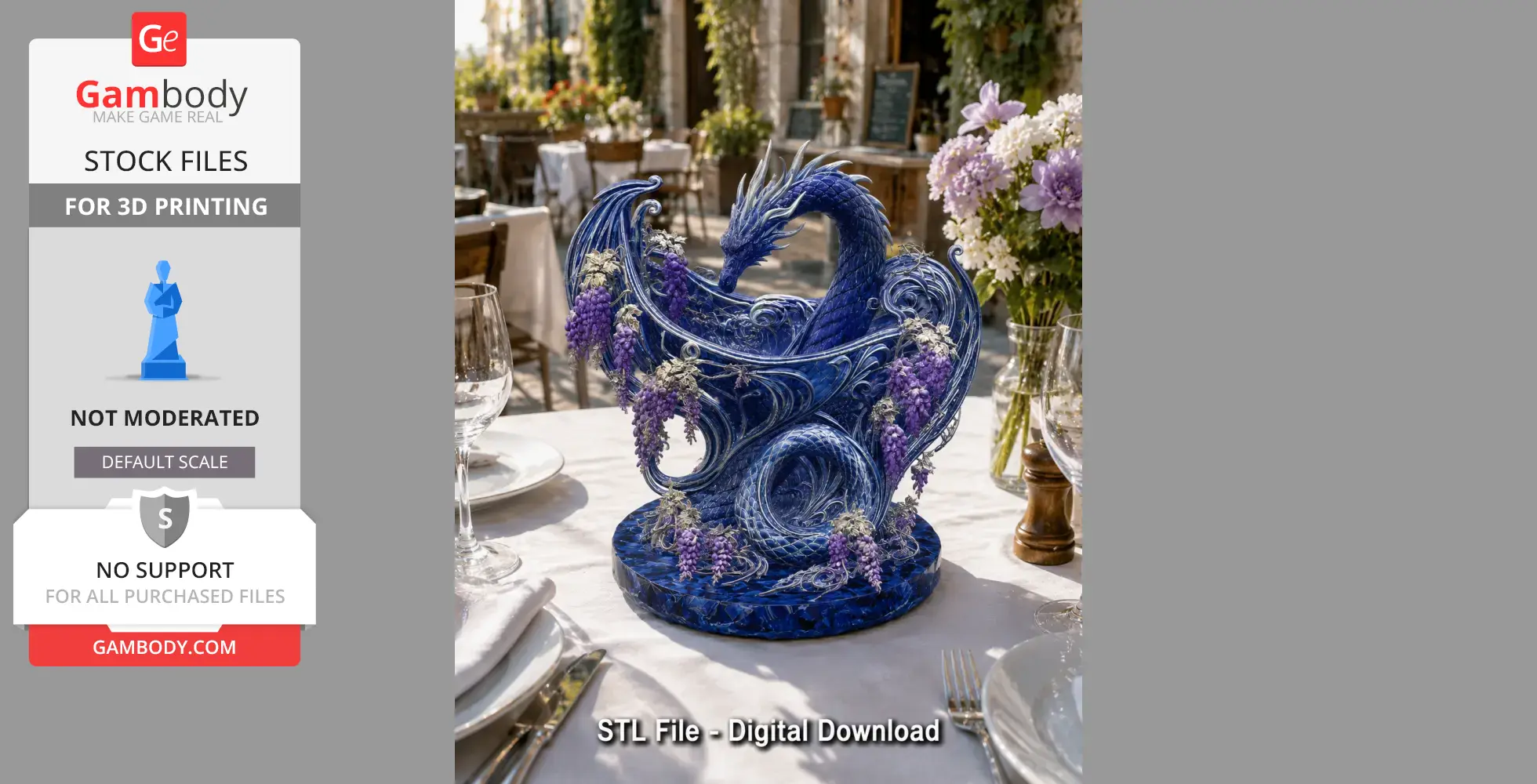 Intricately designed blue dragon bowl with wisteria flowers, set on a table.