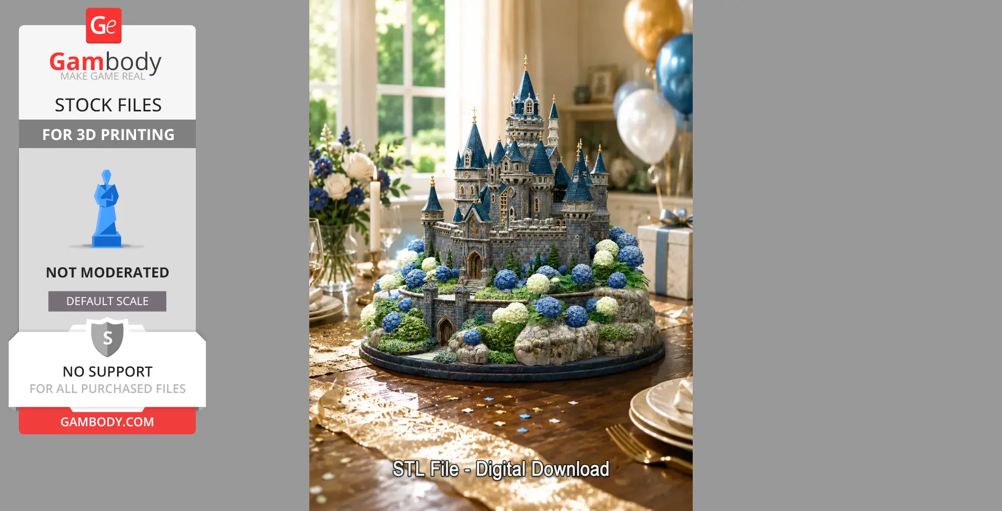 A detailed 3D model of an enchanted blue castle surrounded by colorful flowers on a display stand.