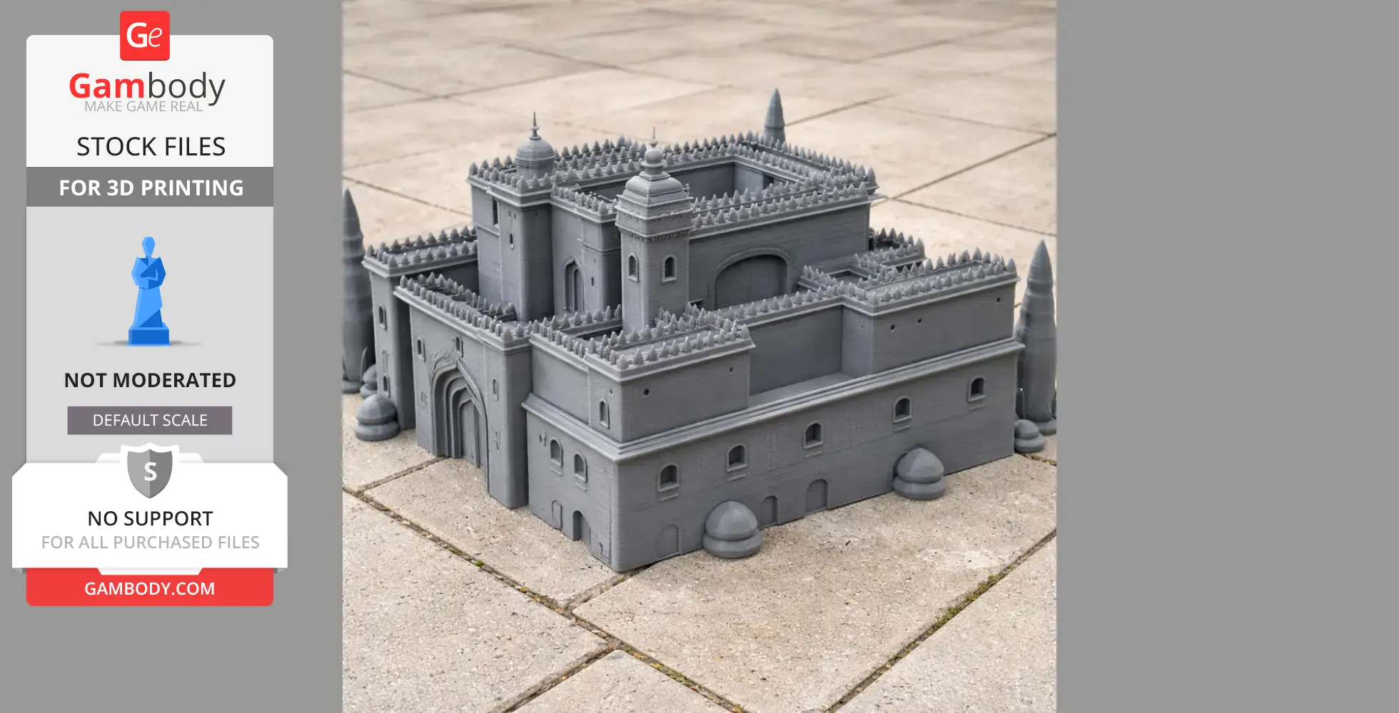 Gray 3D-printed model of the Alhambra palace with intricate architectural details on a tiled surface.