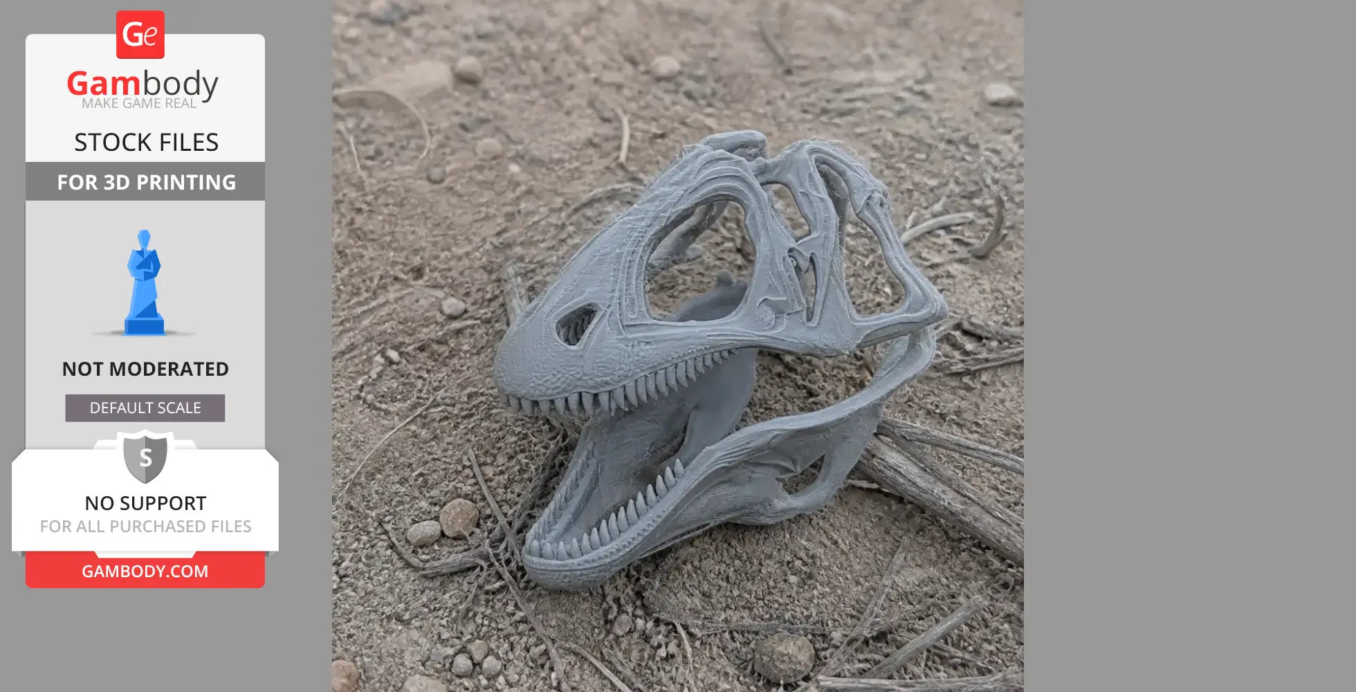 3D printed model of a dinosaur skull resting on the ground.