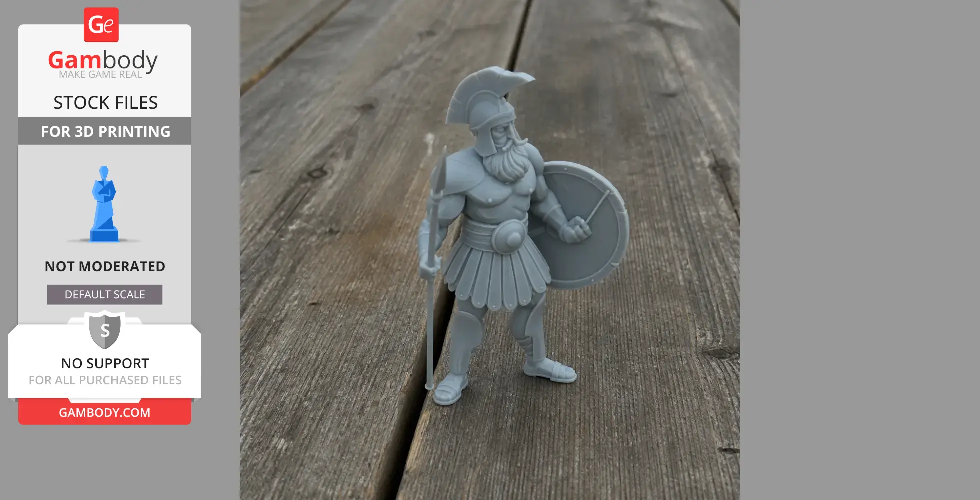 Ancient warrior 3D print model: armor, spear, shield, helmet, standing on wooden surface.