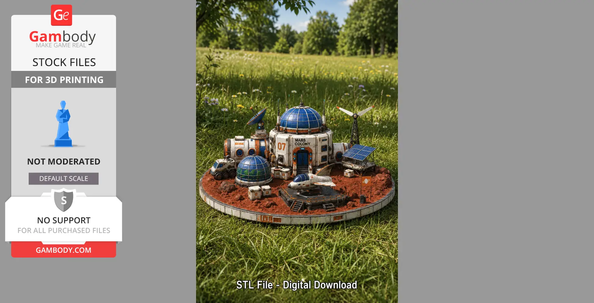 Miniature Mars Colony Command Base with domes, vehicles, solar panels, and satellite dish on a grassy background.