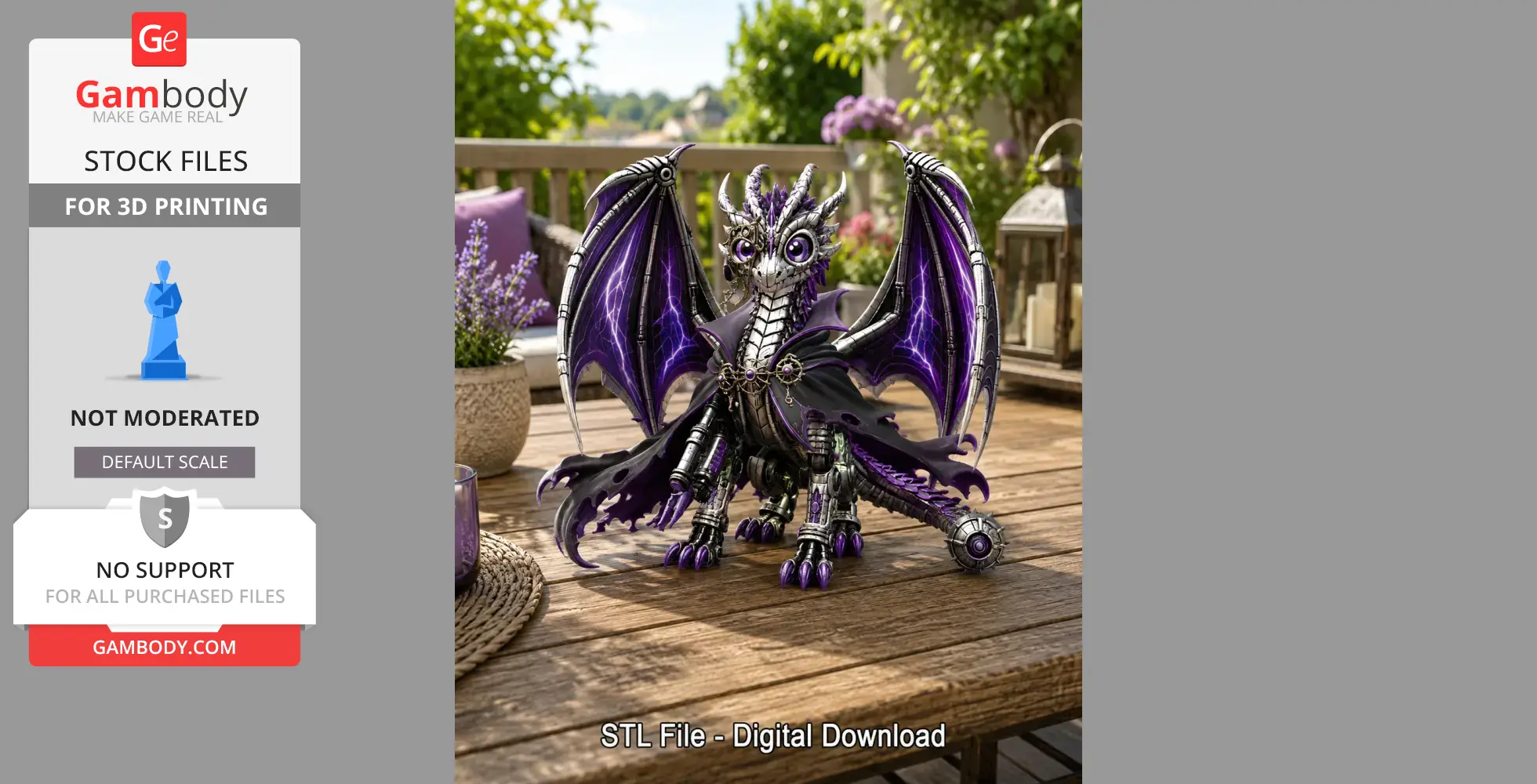 A metallic dragon with purple wings and large eyes, standing on a wooden table outdoors.