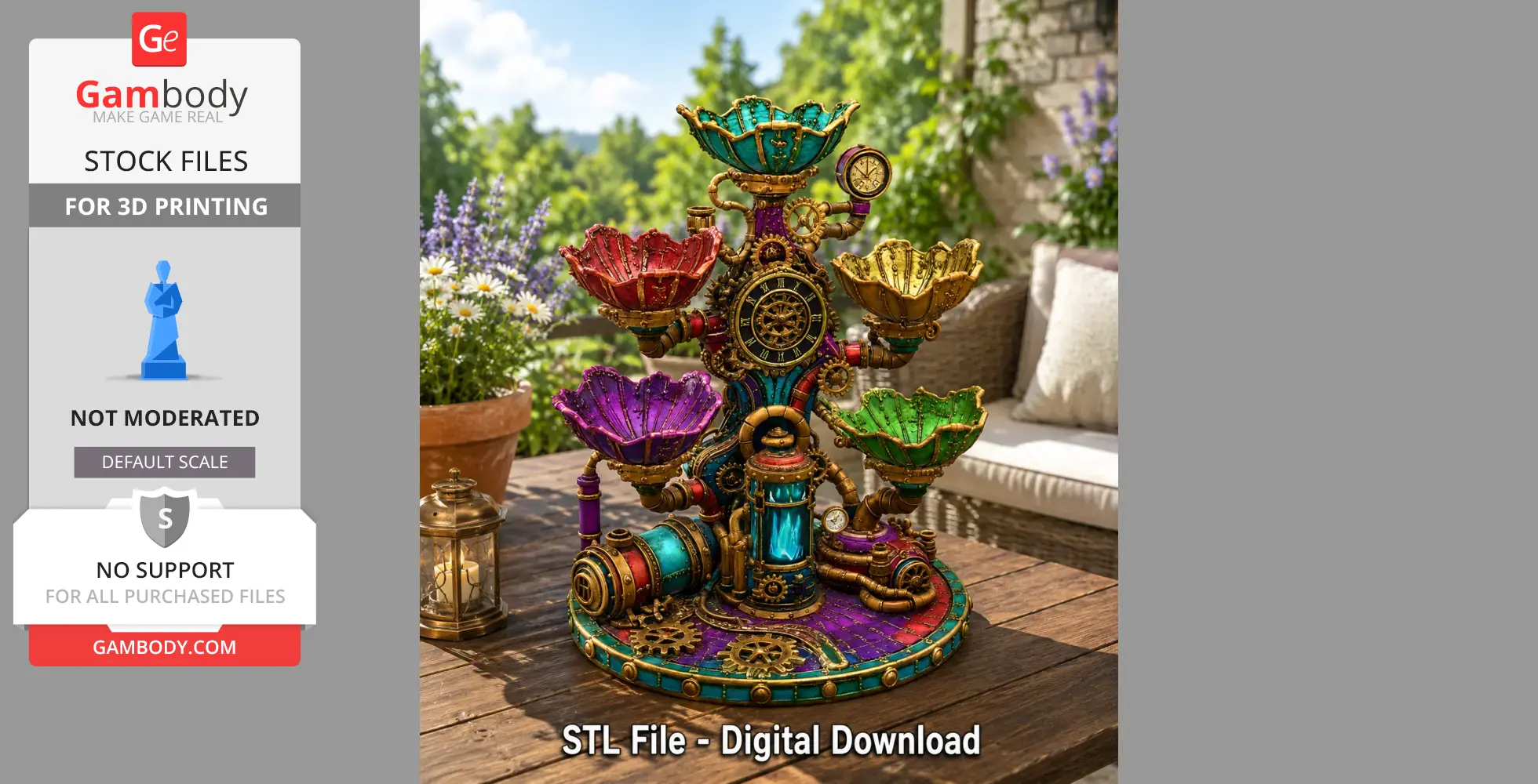Steampunk-inspired jewelry organizer with colorful lotus-shaped trays and clockwork details.