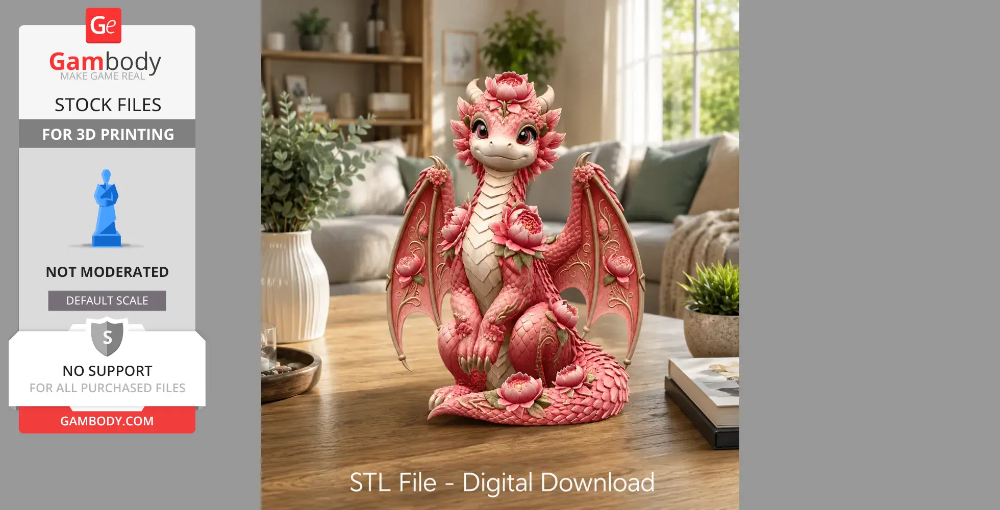 Cute pink dragon adorned with flowers, sitting on a wooden table in a cozy room.