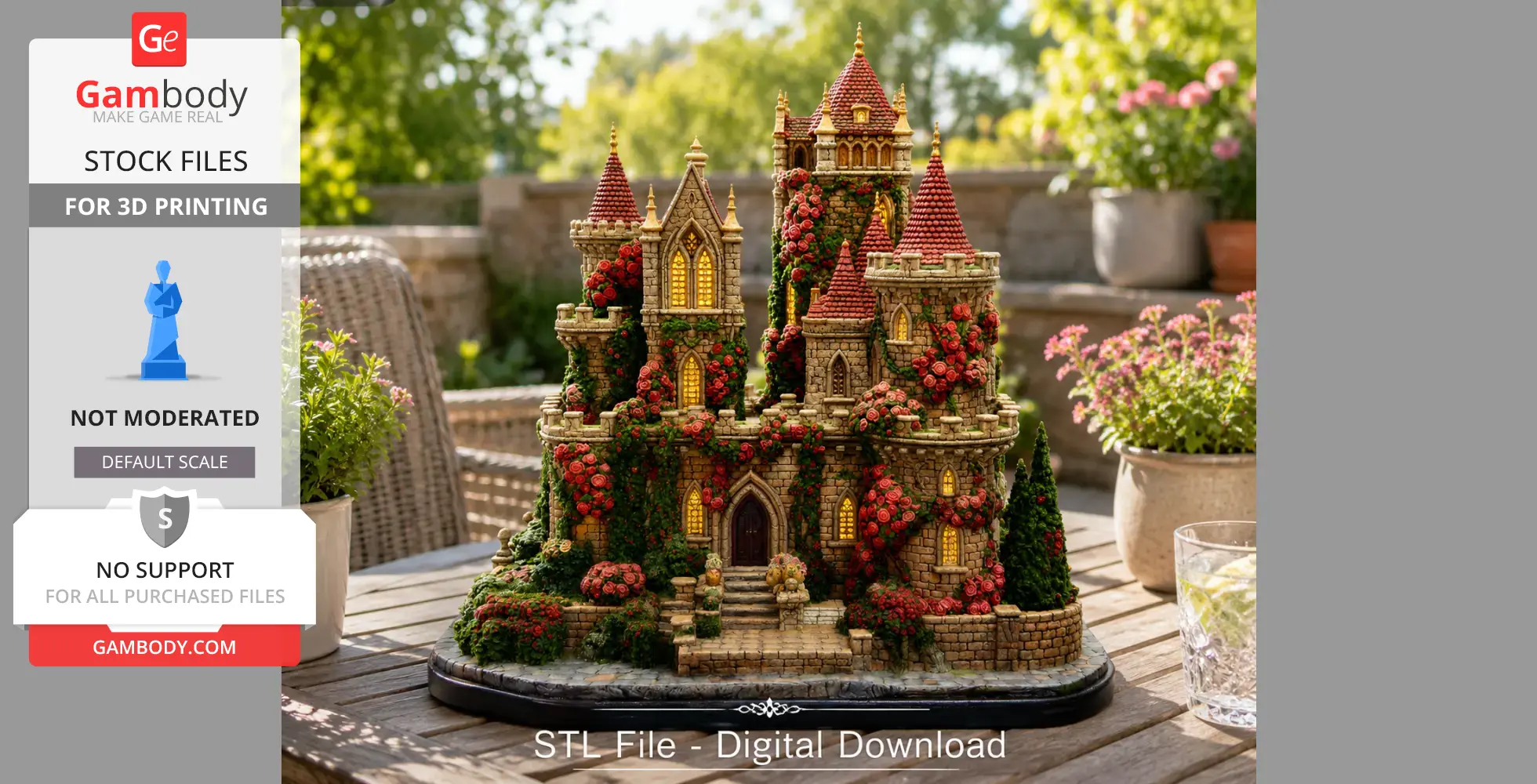 Intricate 3D model of a castle adorned with red flowers, perfect for 3D printing.