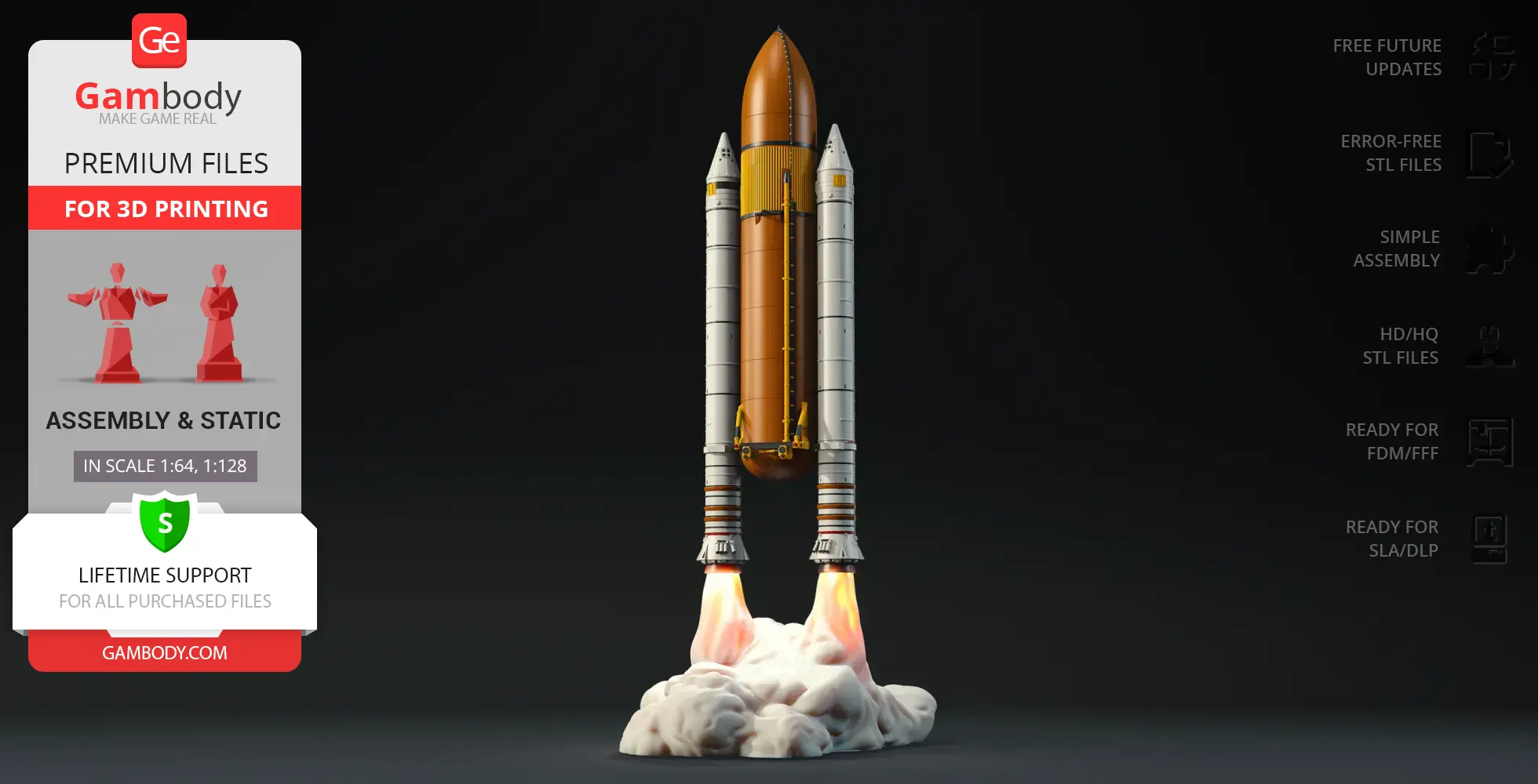 3D model of a space shuttle with fuel tank and boosters, ready for 3D printing.