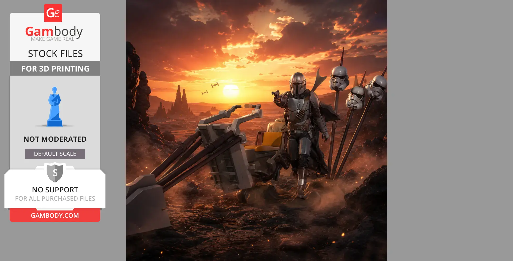 A warrior stands beside a speeder bike at sunset with helmeted heads on stakes.