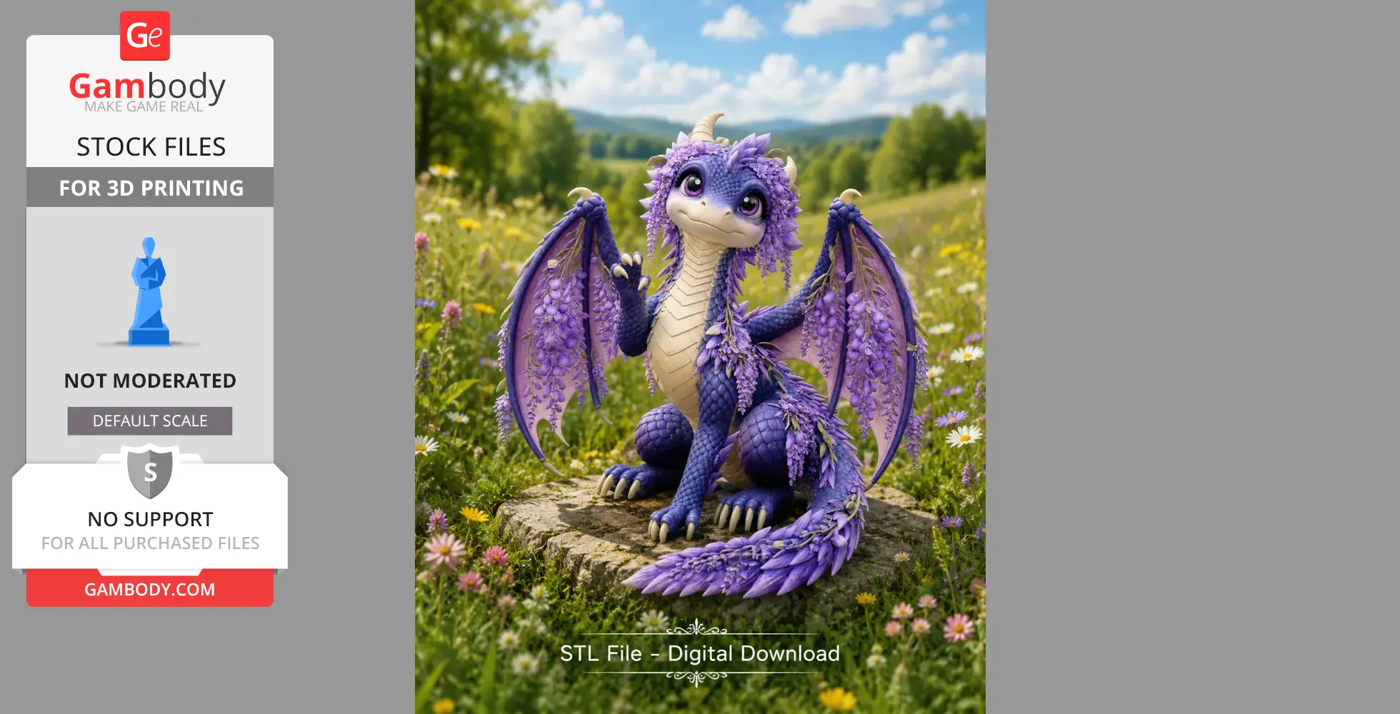 Cute purple dragon with wisteria flowers on wings, standing on a stone in a meadow.