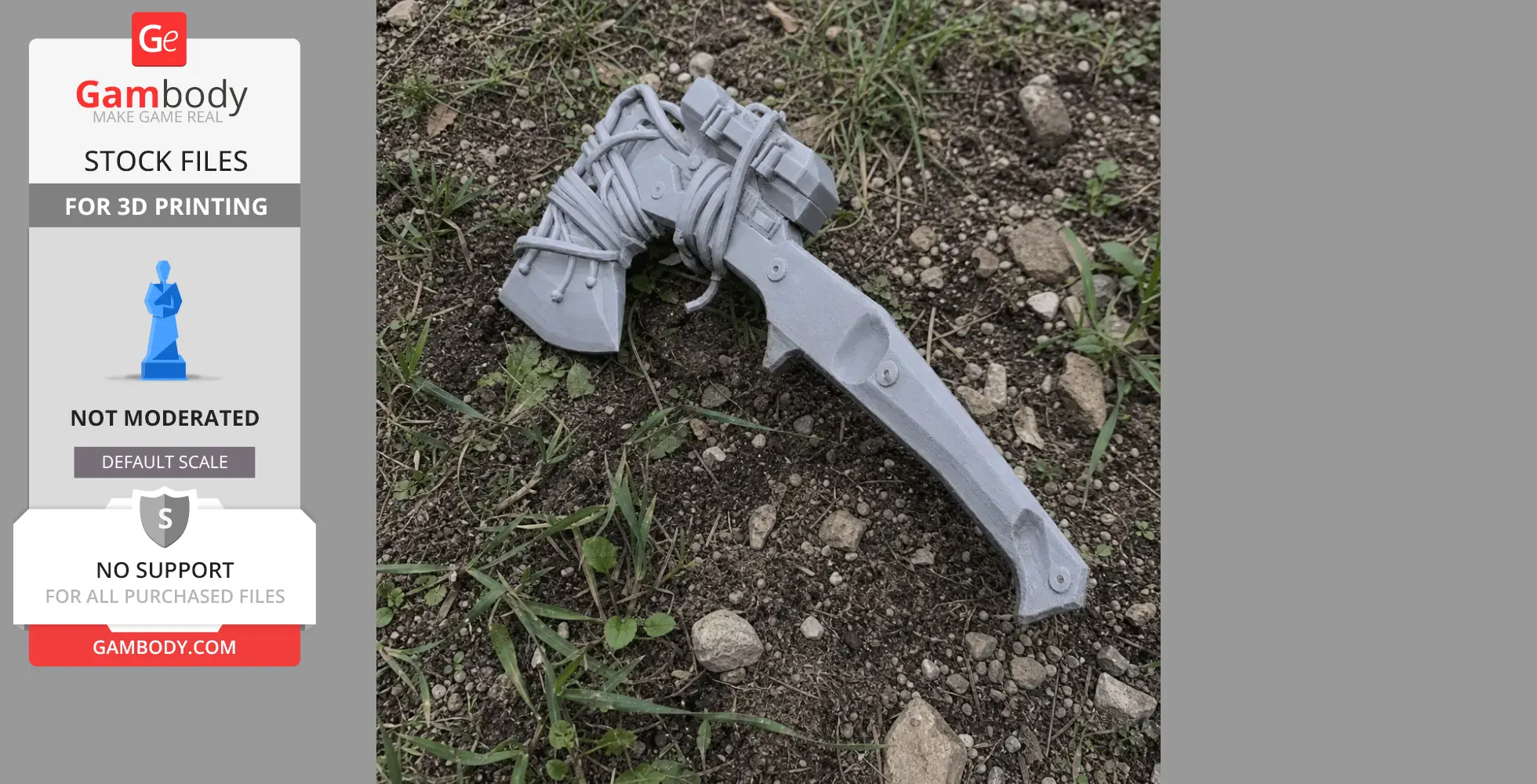 3D printed futuristic axe with intricate details, lying on the ground among grass and rocks.