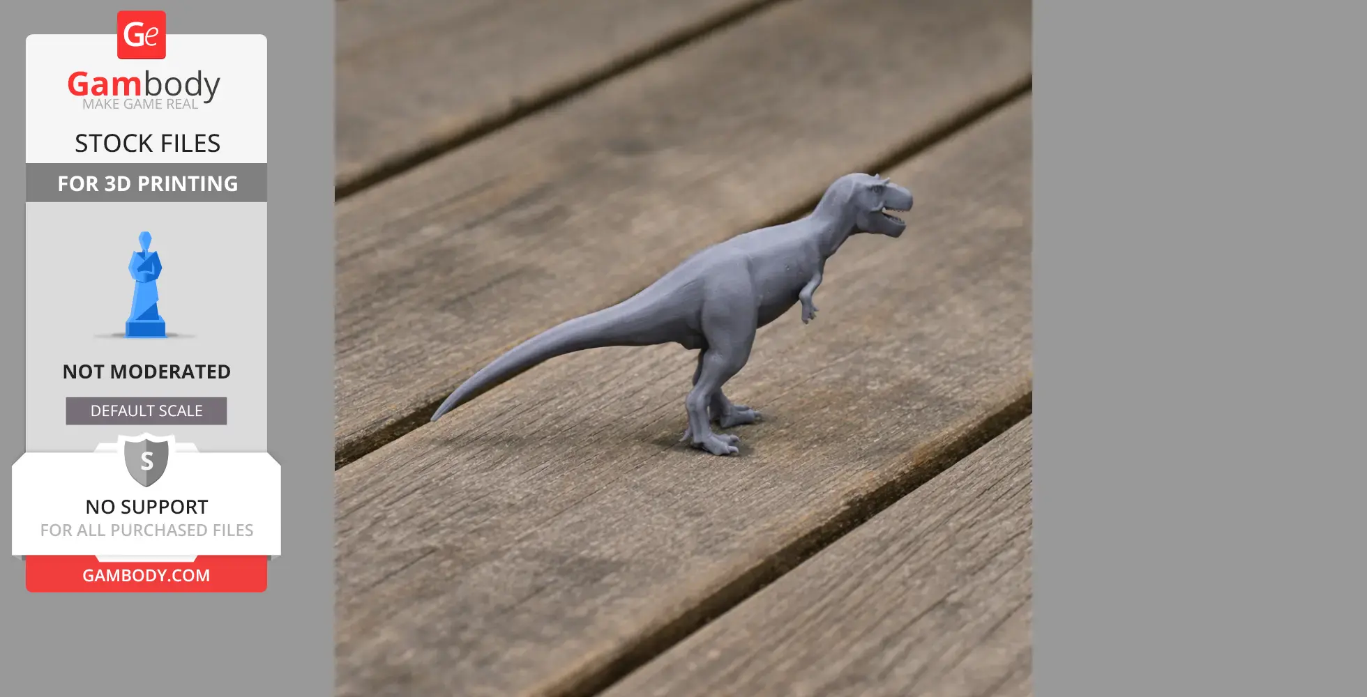 Gray 3D-printed model of an Albertosaurus dinosaur on a wooden surface.