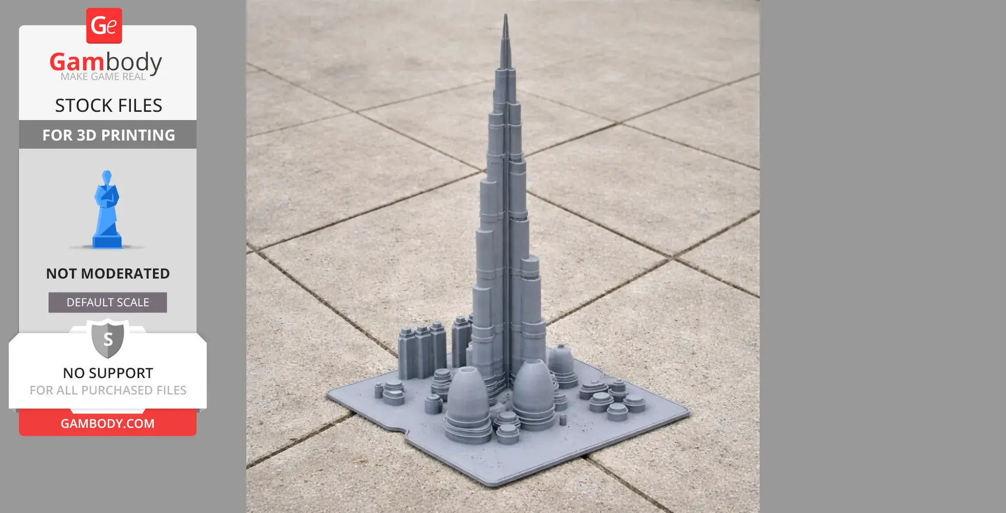 3D printed model of Burj Khalifa with surrounding buildings on a square base.