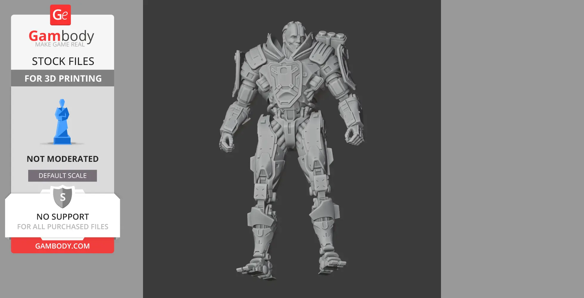 A detailed 3D model of a heavily armored cybernetic figure, designed for 3D printing.