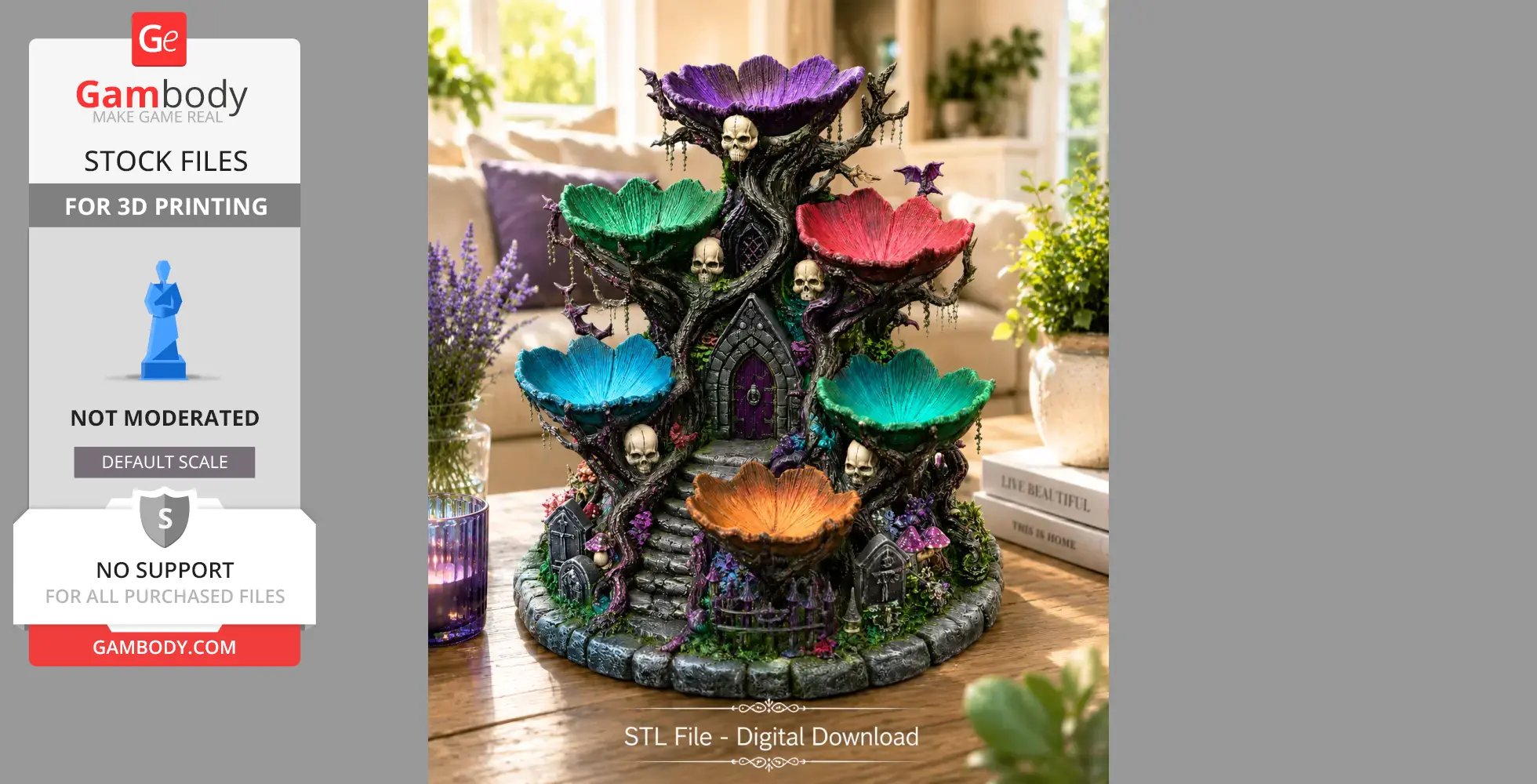 Gothic organizer with colorful trays, skulls, and a central staircase, designed for 3D printing.