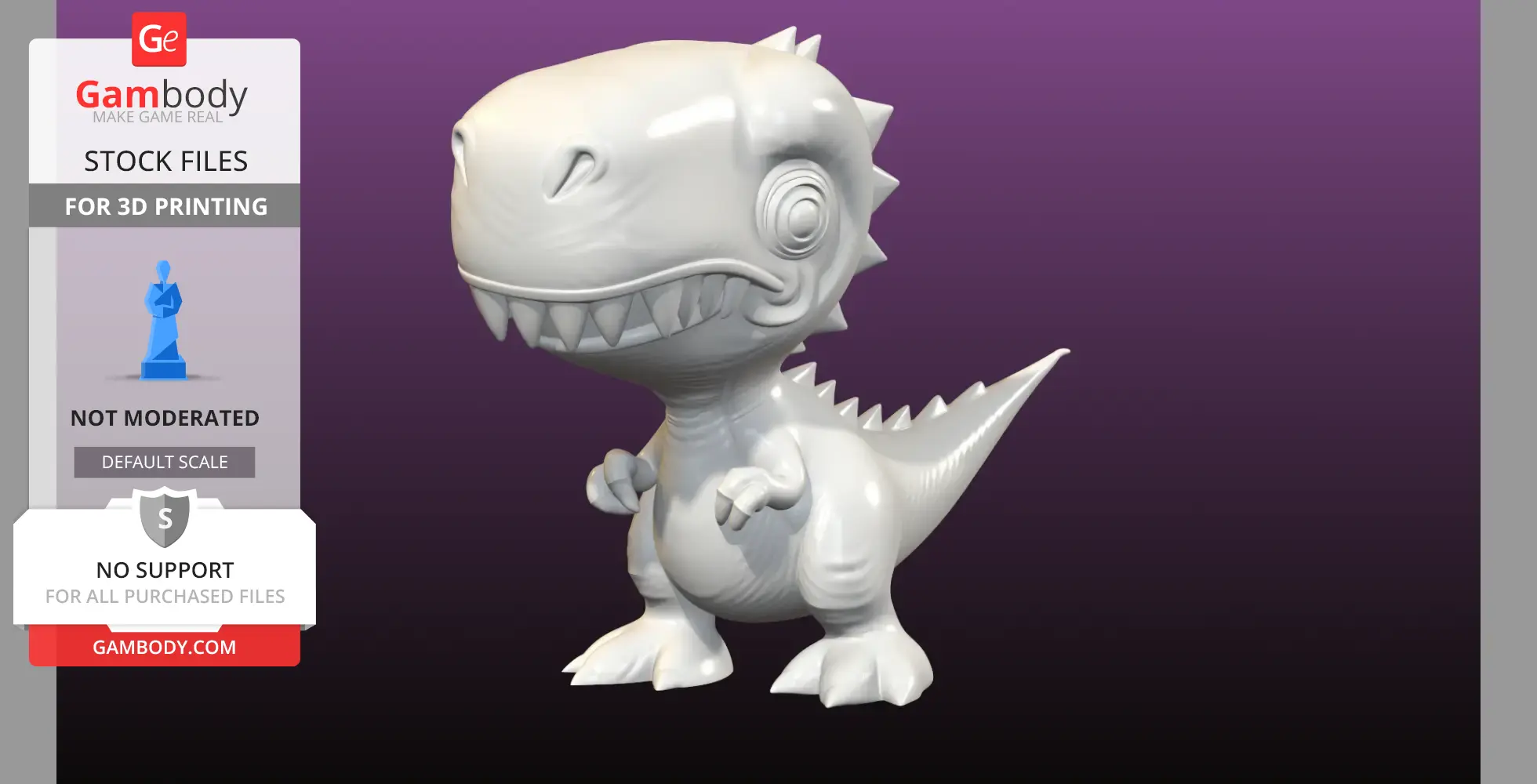 Cute, cartoon-style dinosaur 3D model with a large head and small limbs for 3D printing.