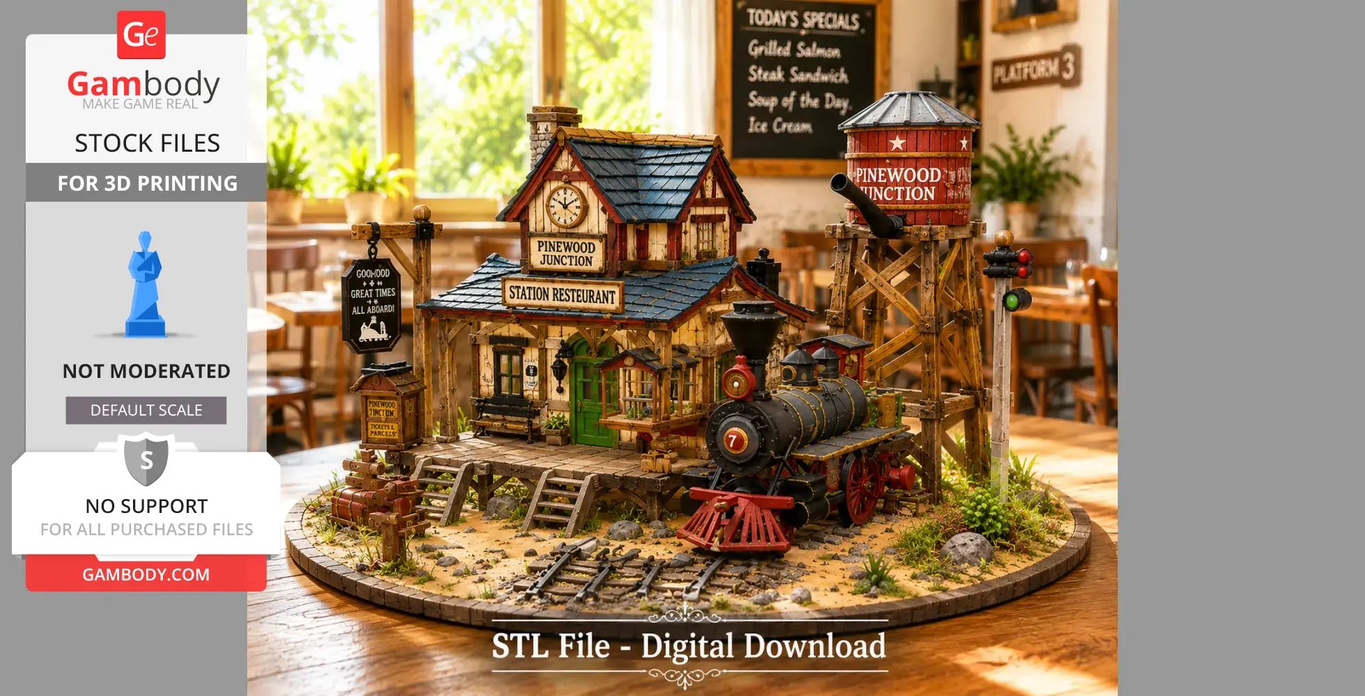 Model of Pinewood Junction Railway Station with train, water tower, and station restaurant details.