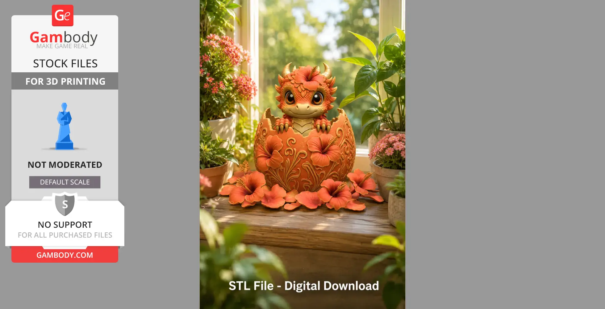 A cute dragon hatchling emerging from a decorated egg with hibiscus flowers, set among potted plants.