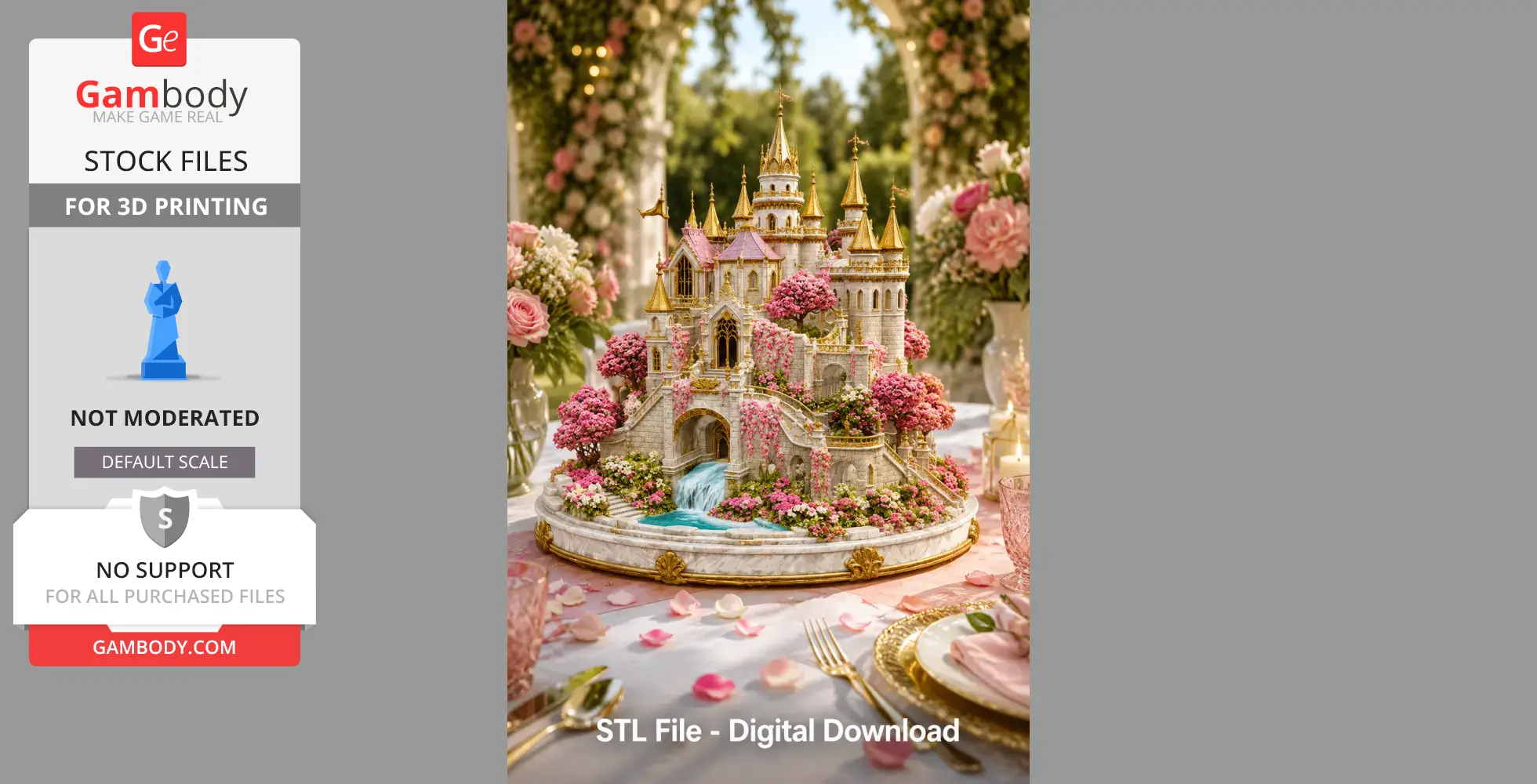 Ornate miniature castle with golden towers, pink blossoms, on a round base with a waterfall.