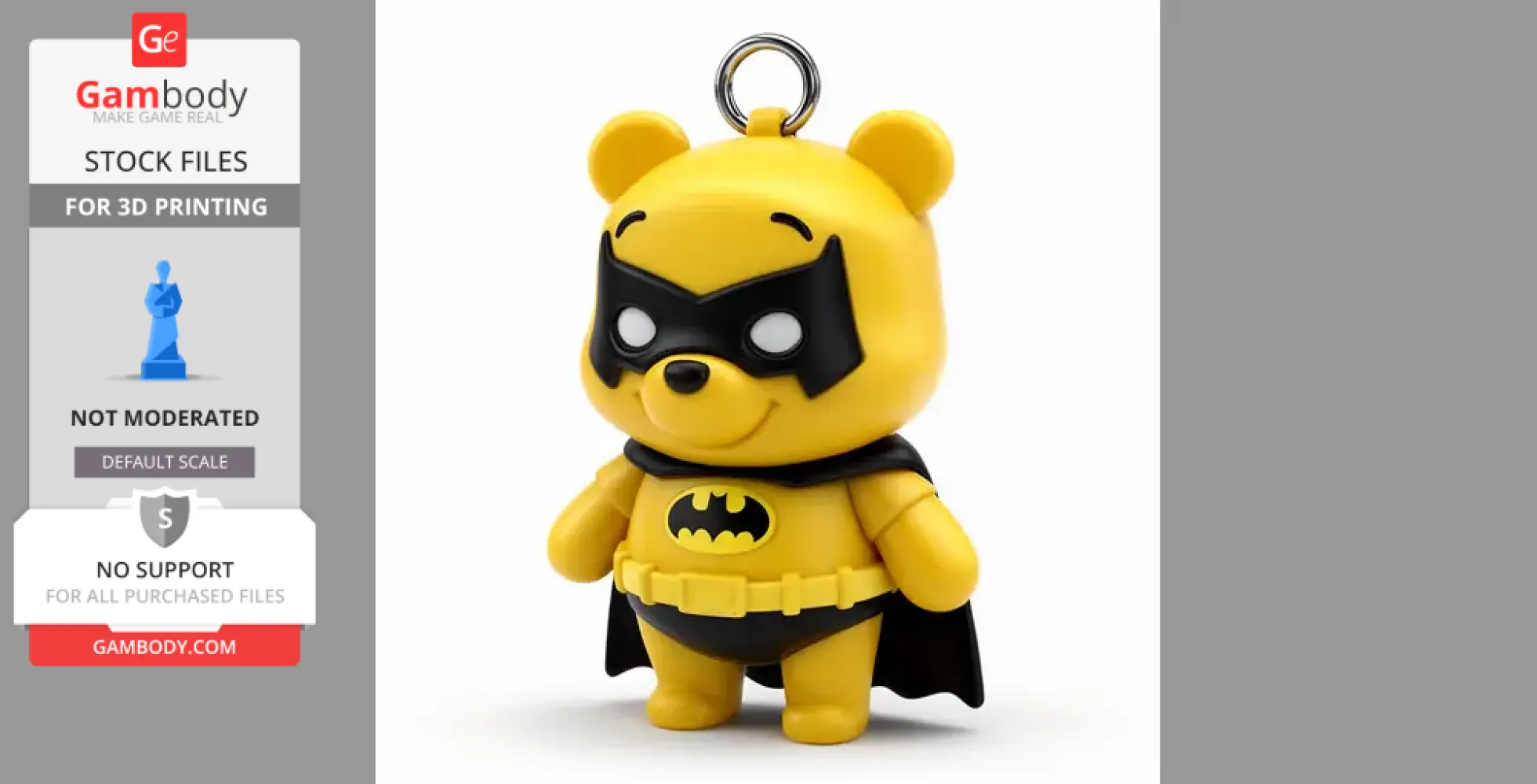 A cartoon bear figure in a Batman costume with a cape and mask, designed for 3D printing.