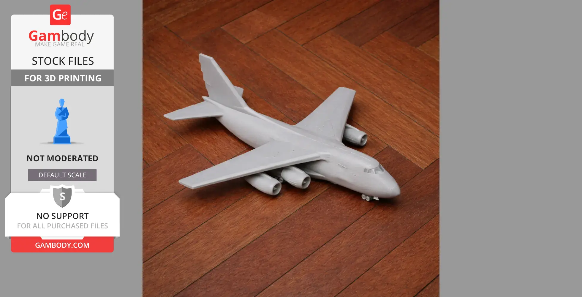 3D printed model of an Antonov An-12 airplane placed on a wooden floor.