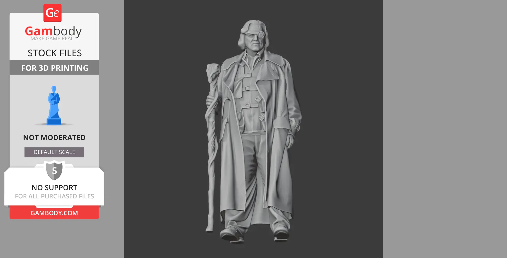 A detailed 3D model of a cloaked figure with a staff, designed for 3D printing.