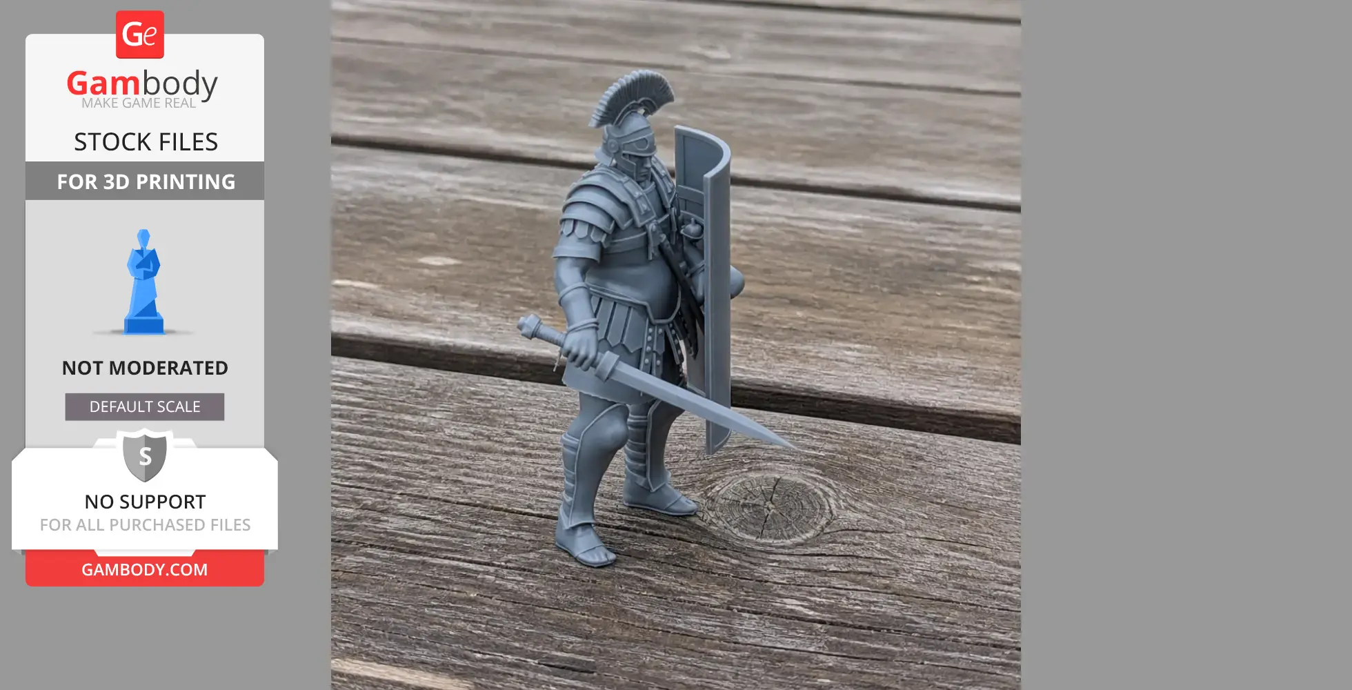 A 3D-printed Roman legionary figurine with armor, shield, and sword, standing on a wooden surface.