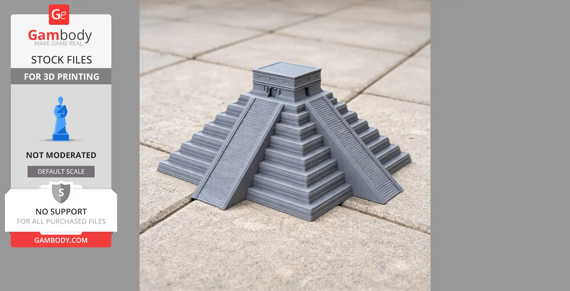 A detailed 3D-printed model of Chichen Itza pyramid on a tiled surface.