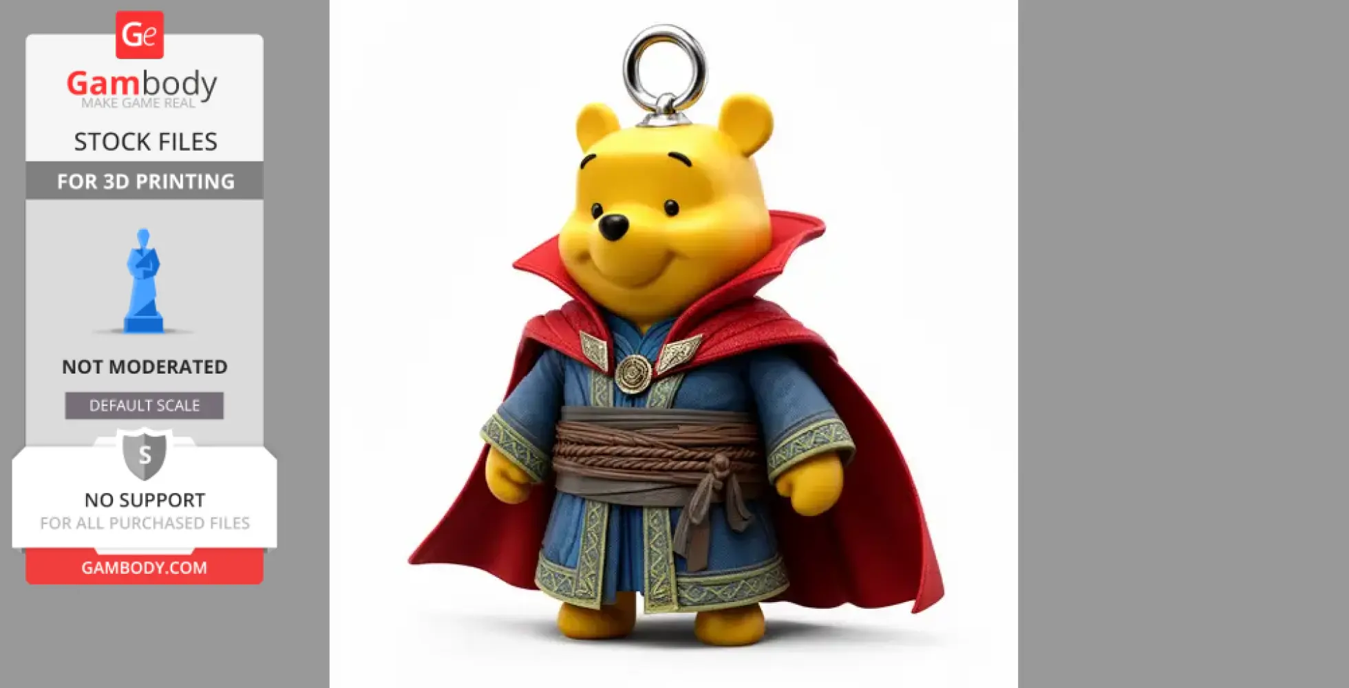A figurine of Winnie the Pooh dressed as Doctor Strange, featuring a red cape and blue tunic.